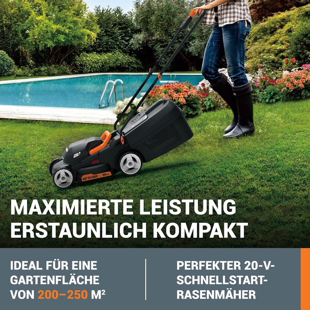WORX WG730E Akku-Rasenmäher 20V - kraftvoller bürstenloser Motor - ideal für Gärten bis zu 200m² - 30cm Schnittbreite - Cut-to-Edge - 3 einstellbare Schnitthöhen - inkl. 4Ah Akku & Ladegerät