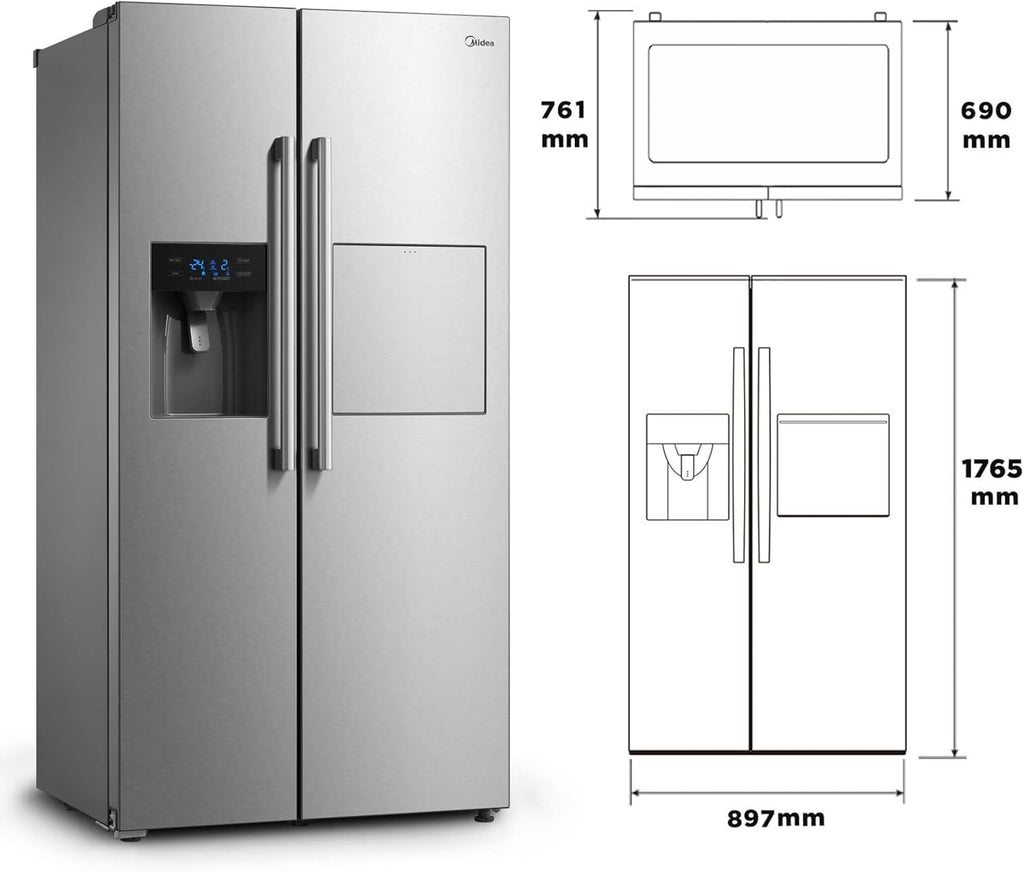 Midea KS-DDX 6.32 WT Frigorifero Side-by-Side con Congelatore/Altezza 178,8 cm/254 kWh/anno/No Frost/Compressore Dual Inverter/con Distributore di Acqua e Ghiaccio 3-in-1 e Serbatoio d'Acqua, Inox Scuro