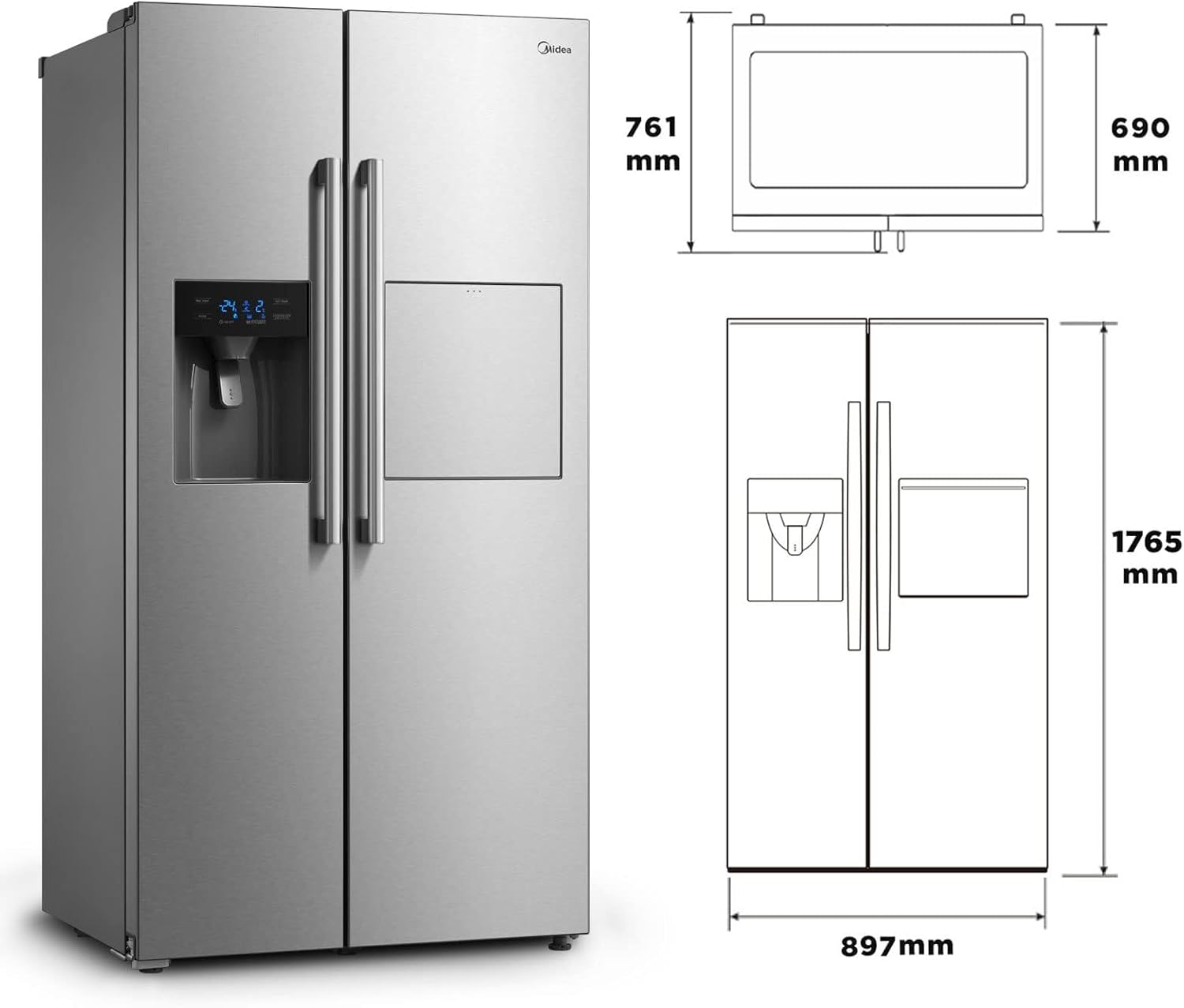 Midea KS-DDX 6.32 WT Frigorifero Side-by-Side con Congelatore/Altezza 178,8 cm/254 kWh/anno/No Frost/Compressore Dual Inverter/con Distributore di Acqua e Ghiaccio 3-in-1 e Serbatoio d'Acqua, Inox Scuro
