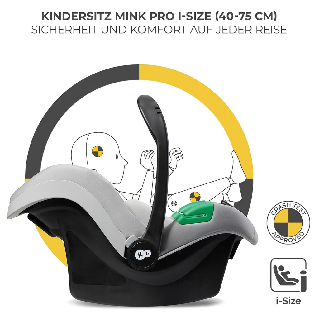 Kinderkraft MOOV2 AIR Passeggino 3 in 1, Set da 26 kg con seggiolino auto I-SIZE 40-75 cm, funzione passeggino, schienale reclinabile, ampia cappottina estensibile, ruote gonfiabili, grigio
