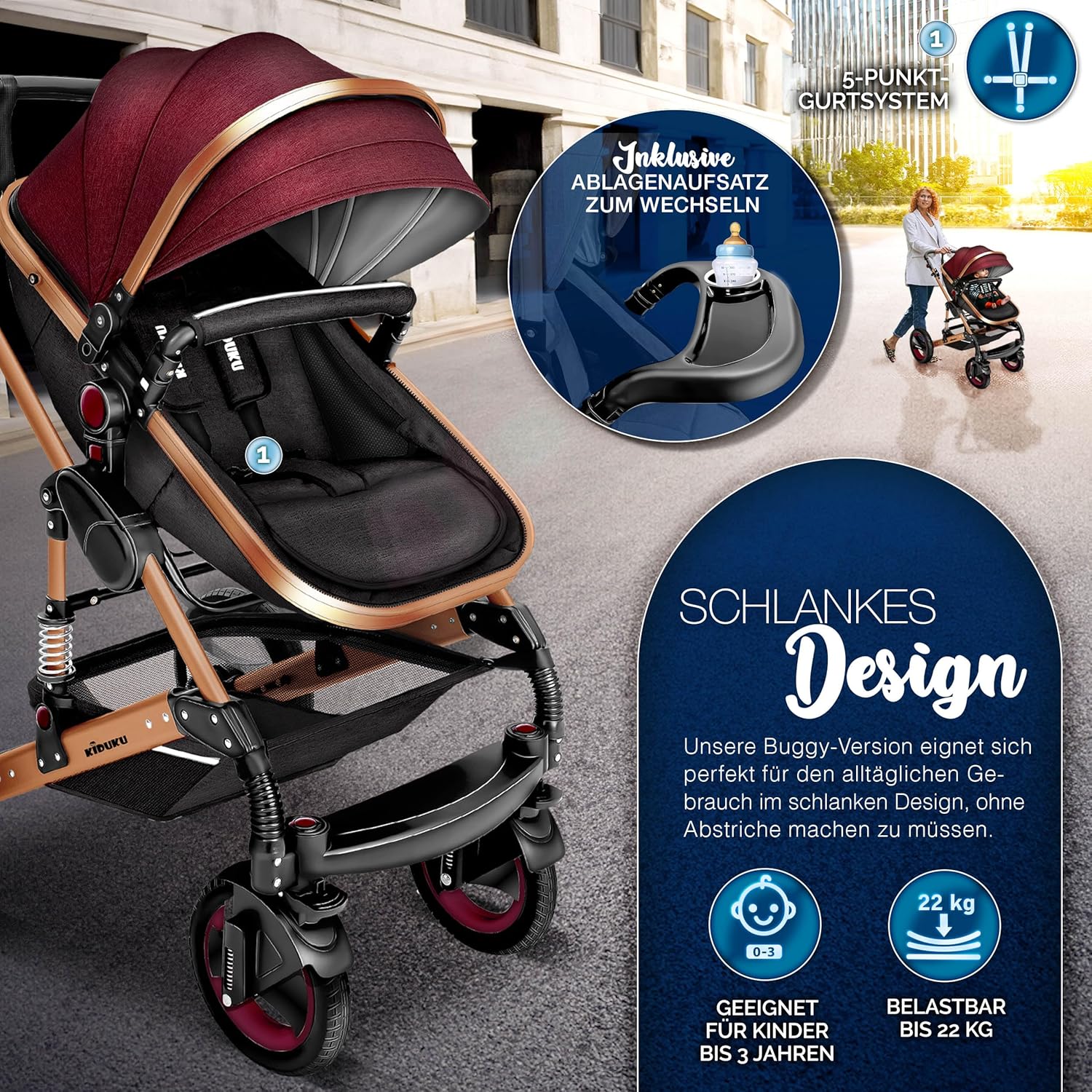 KIDUKU® Set completo passeggino 3 in 1 | Set passeggino combinato con navicella e sedile sportivo passeggino e seggiolino auto ovetto sacco a pelo | Ruote in gomma piena borsa per il cambio scaldamani parapioggia tavolino ECE R129
