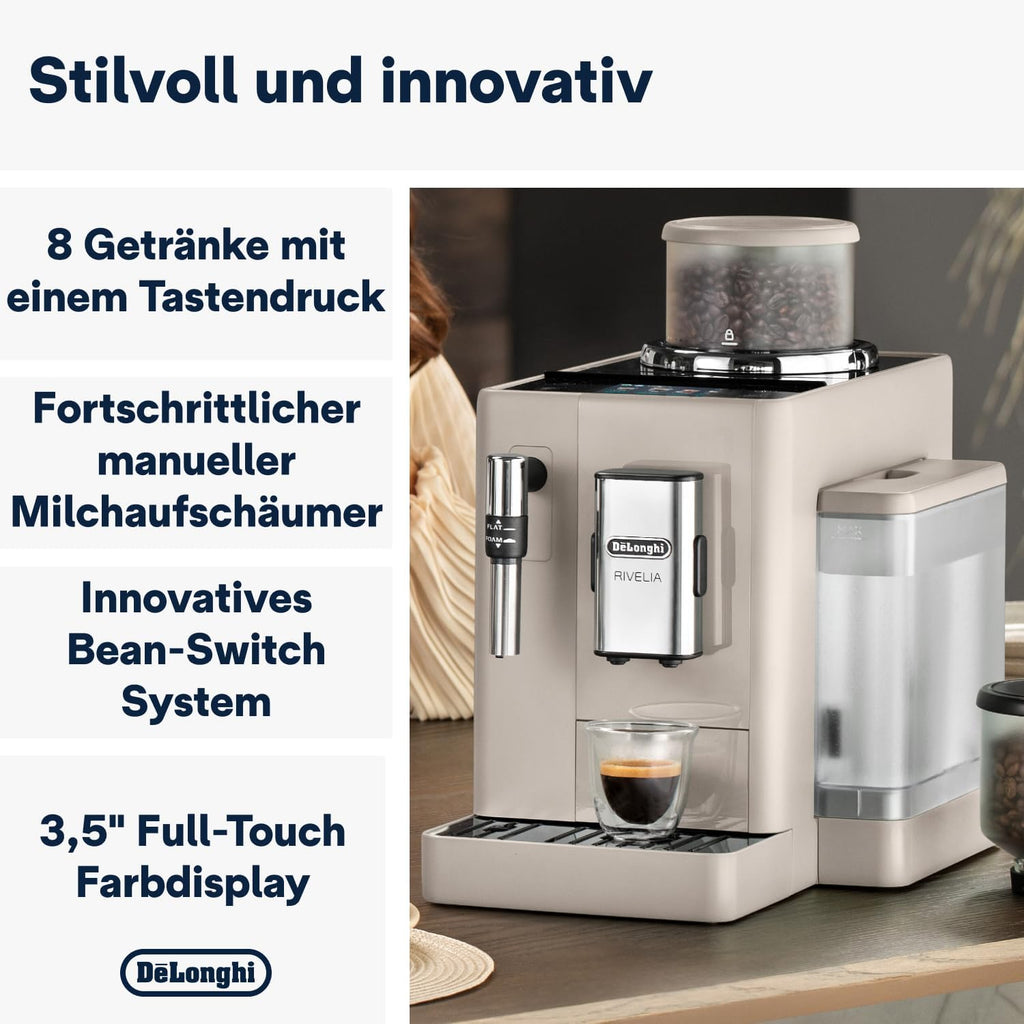De'Longhi Rivelia EXAM440.55.W Macchina da Caffè Automatica con Sistema LatteCrema, Contenitore chicchi intercambiabile, 16 bevande caffè e latte con un solo tocco, Funzione Extra Shot, Display Touch da 3,5 pollici, Bianco