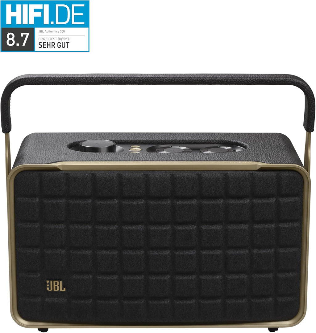 JBL Authentics 200 Smart Home Altoparlante – Cassa Bluetooth dal design retrò anni '70 – Con griglia Quadrex, Google Assistant, Alexa, AirPlay e JBL One App – Nero