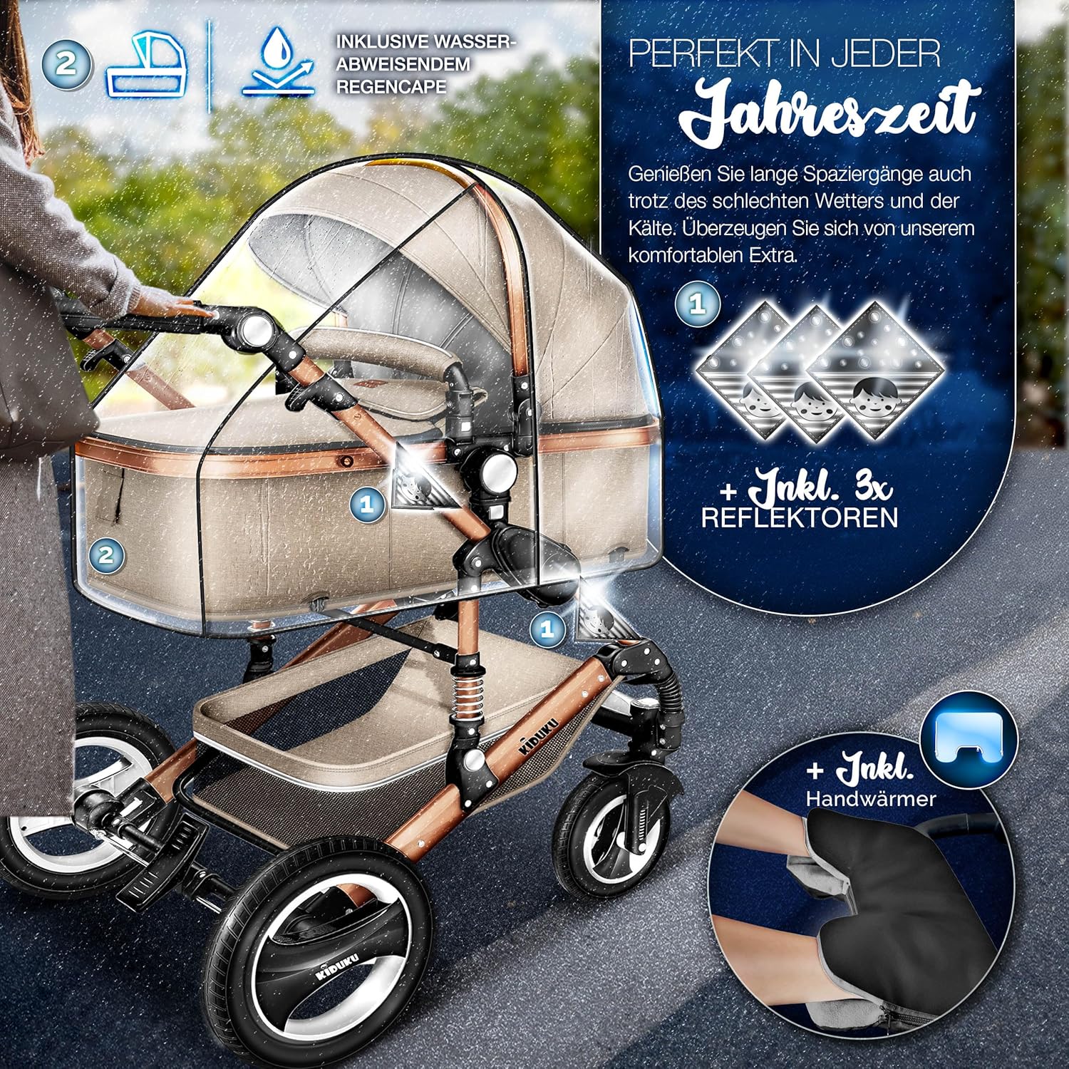 KIDUKU® Set completo passeggino 3 in 1 | Set passeggino combinato con navicella e sedile sportivo passeggino e seggiolino auto ovetto sacco a pelo | Ruote in gomma piena borsa per il cambio scaldamani parapioggia tavolino ECE R129