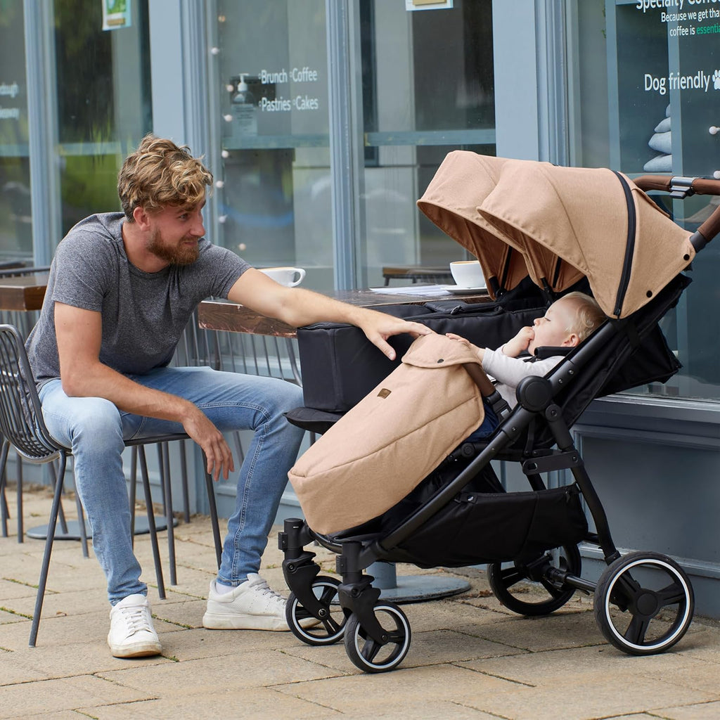 Passeggino gemellare Venus Max - adatto dalla nascita fino a 15 kg (circa 3 anni), passeggino compatto, leggero, pieghevole, inclusi parapioggia e coprigambe (Biscotto)