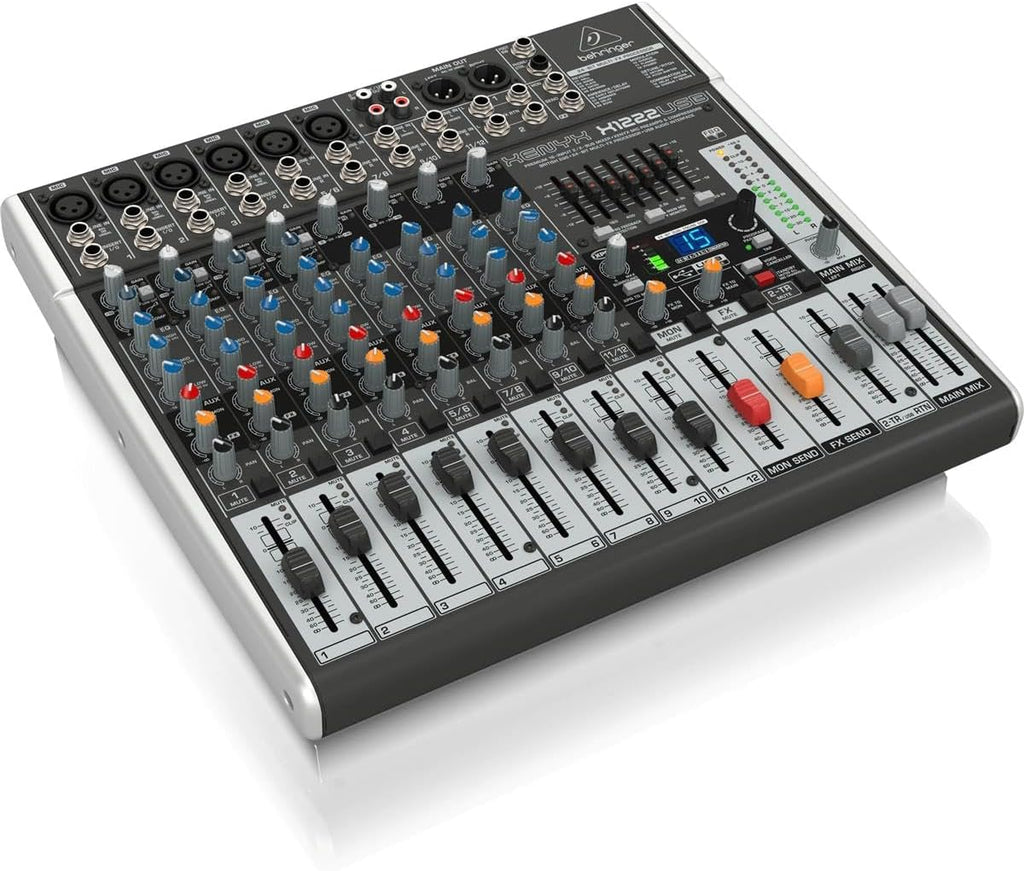 Behringer XENYX X1222USB Mixer premium a 16 ingressi e 2/2 bus con preamplificatori microfonici e compressori XENYX, EQ britannico, processore multieffetti a 24 bit e interfaccia audio/USB