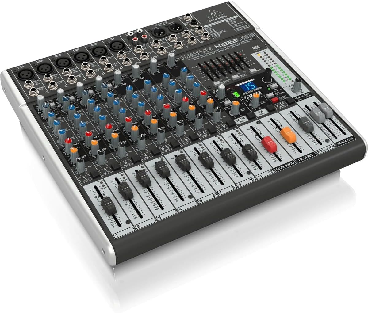 Behringer XENYX X1222USB Mixer premium a 16 ingressi e 2/2 bus con preamplificatori microfonici e compressori XENYX, EQ britannico, processore multieffetti a 24 bit e interfaccia audio/USB