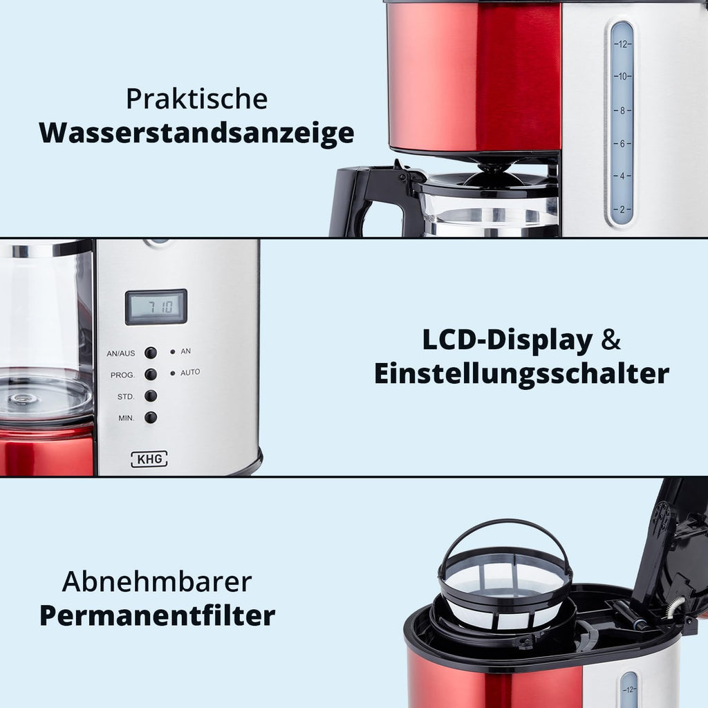 KHG Frühstücksset Wasserkocher, Toaster & Kaffeemaschine in Rot, Edelstahl Metallic Chrom, 1,7l Kapazität, 2 Toast Scheiben & 12 Tassen Kaffee, Kontrollleuchten, Wasserstandsanzeigen, Permanentfilter