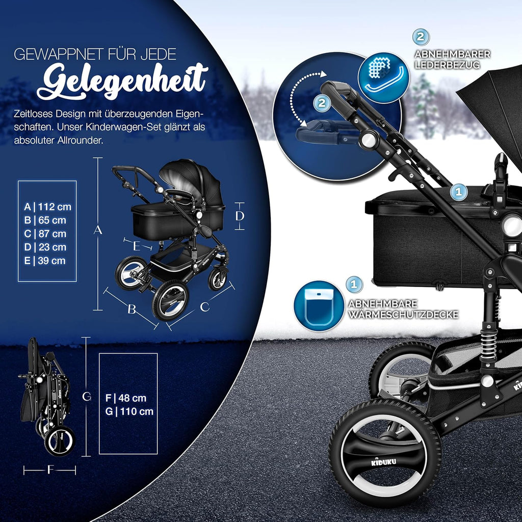 KIDUKU® Set completo passeggino 3 in 1 | Set passeggino combinato con navicella e sedile sportivo passeggino e seggiolino auto ovetto sacco a pelo | Ruote in gomma piena borsa per il cambio scaldamani parapioggia tavolino ECE R129