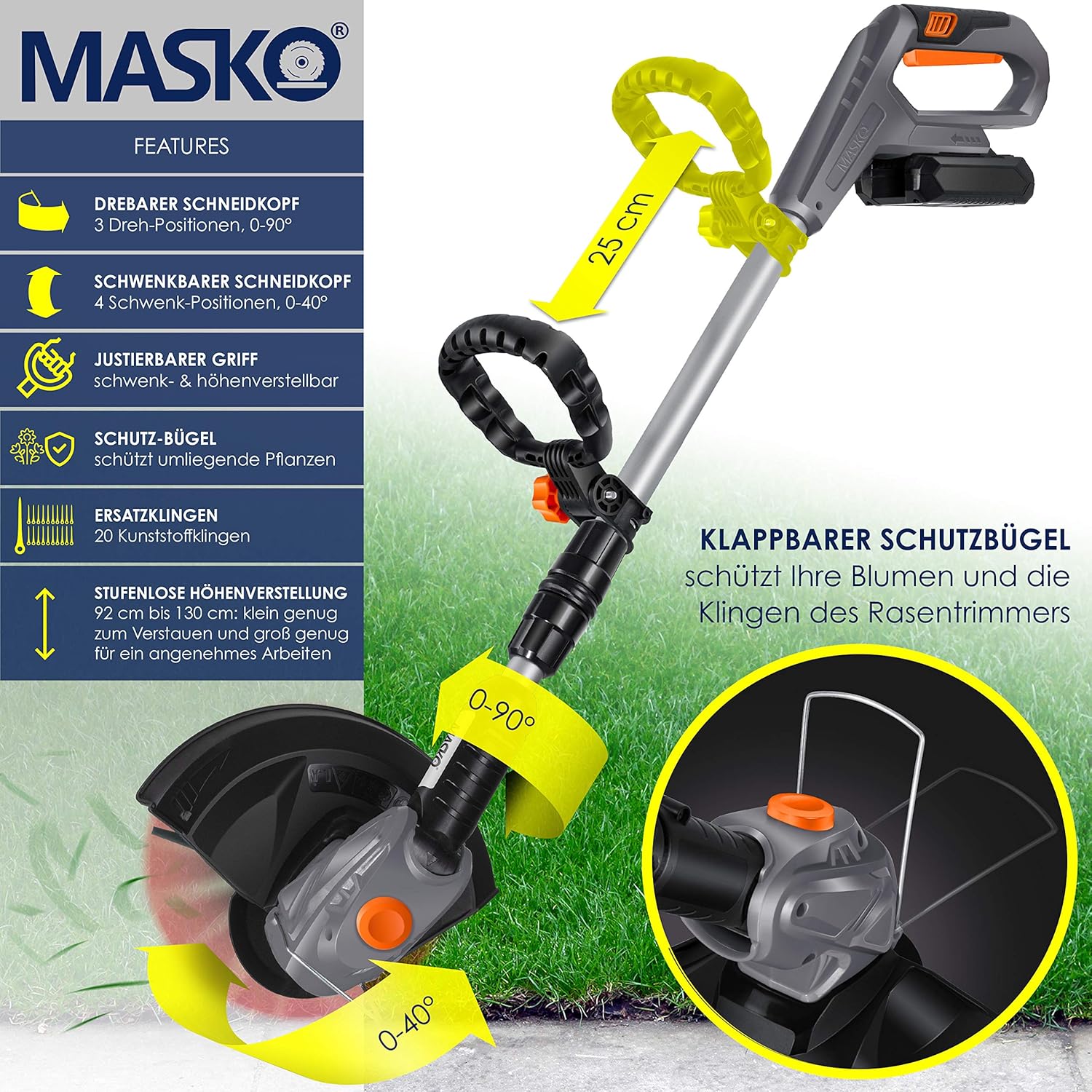 MASKO Decespugliatore a batteria con batteria al litio da 20 V, batteria da 2,0 Ah e caricabatterie, larghezza di taglio 26 cm, angolo di taglio 180°, manico telescopico e impugnatura aggiuntiva, incl. 20 lame in plastica, grigio