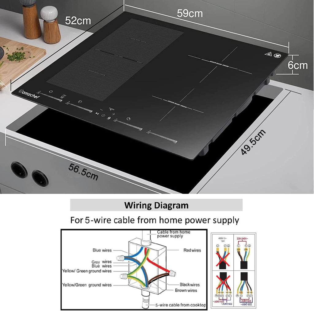 AMZCHEF Piano cottura a induzione con due zone flessibili, piano cottura a induzione a 4 zone con funzionamento silenzioso (42 dB), 9 livelli di potenza e Booster - Funzione BBQ, funzione Pausa e Mantieni caldo, 7400 W
