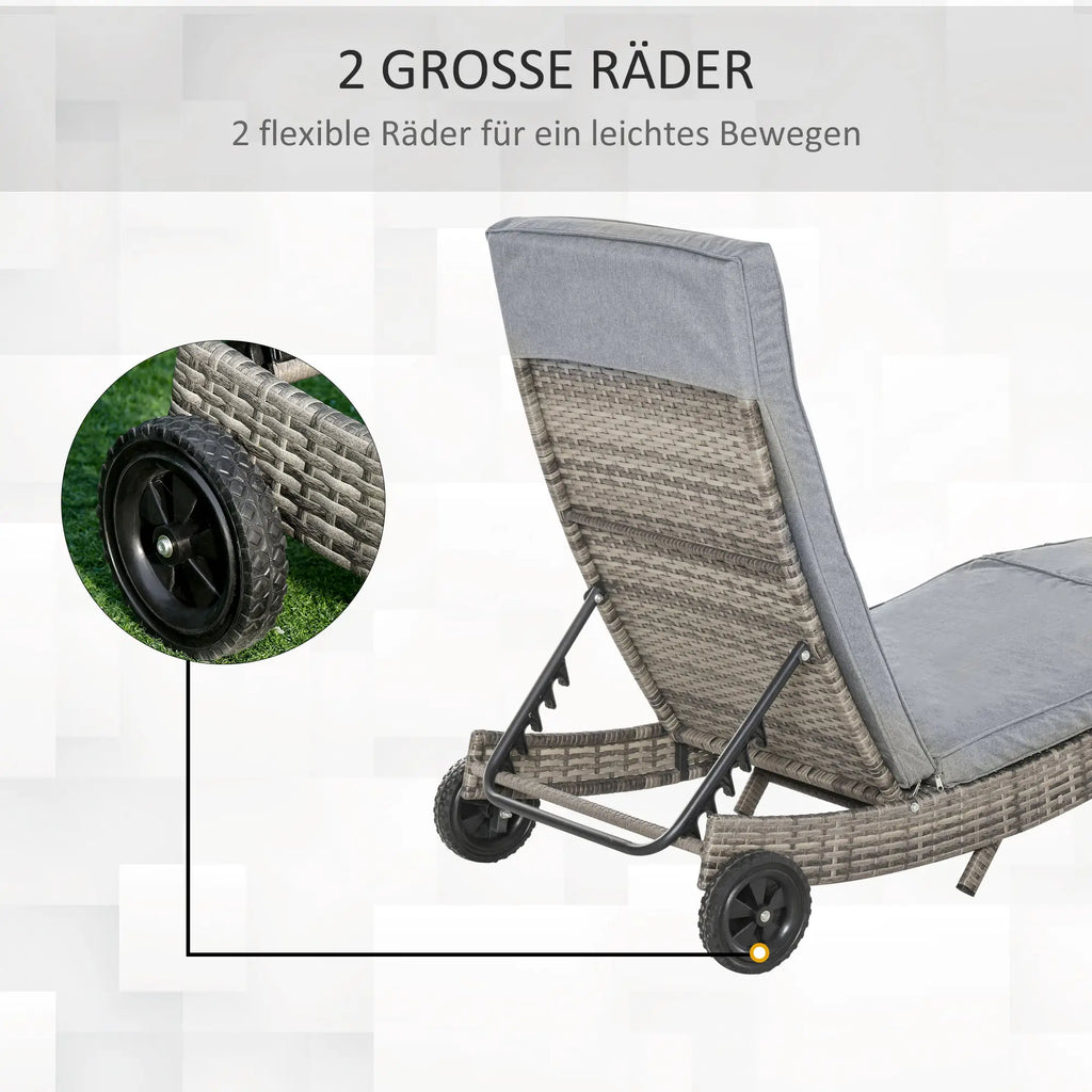 Outsunny Lettino prendisole in polyrattan regolabile con ruote grigio