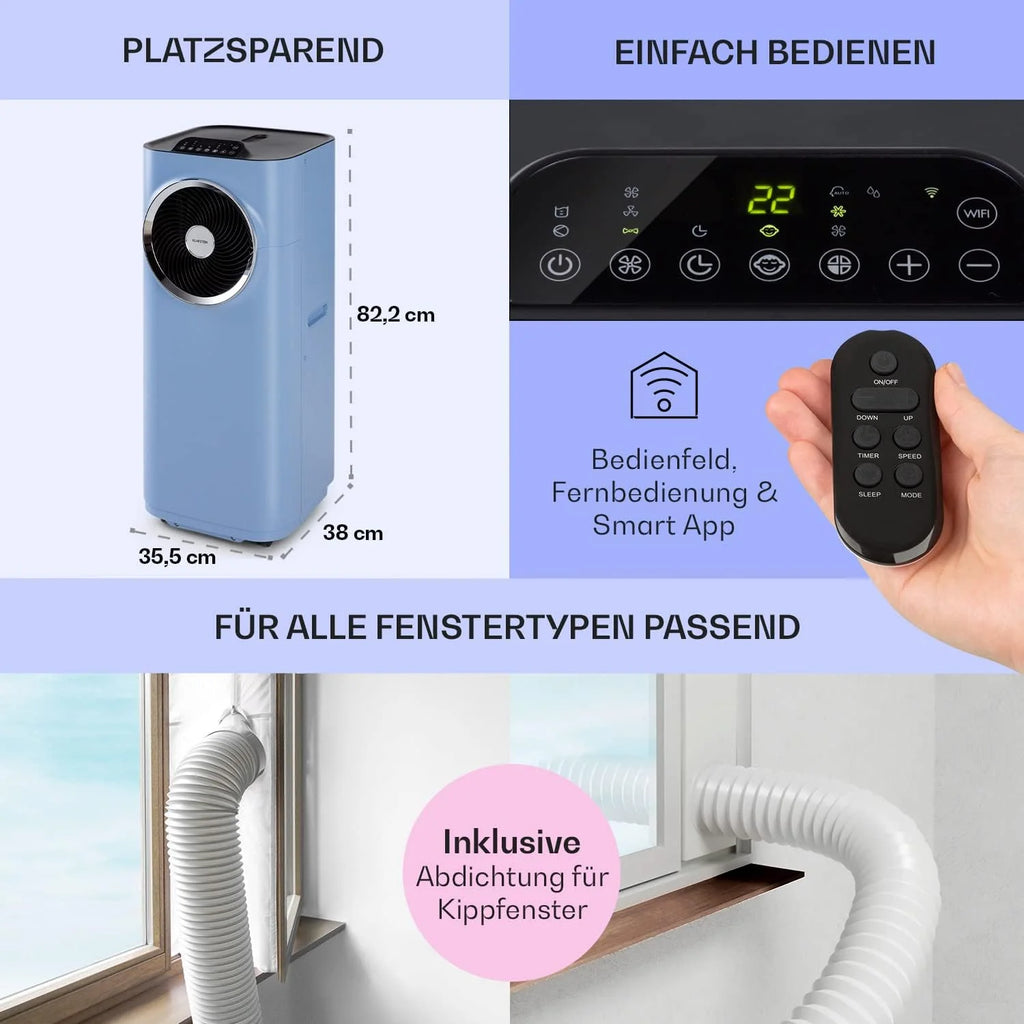 Klarstein Condizionatore Portatile 5-in-1 con Tubo di Scarico, Ventilatore, Deumidificatore, Purificatore d'Aria e Modalità Notturna, Controllo tramite App, Piccolo e Portatile, per Casa e Ufficio, 12000 BTU