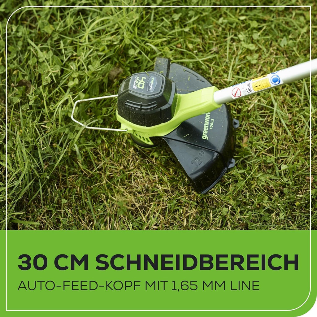 Greenworks 40V Akku Rasentrimmer für mittelgroße Gärten, höhenverstellbar, 30 cm Schnittbreite, automatischer Vorschub 1,65 mm Nylon Faden, zwei 40V 2Ah Akkus & Ladegerät, 3 Jahre Garantie G40LTK2X