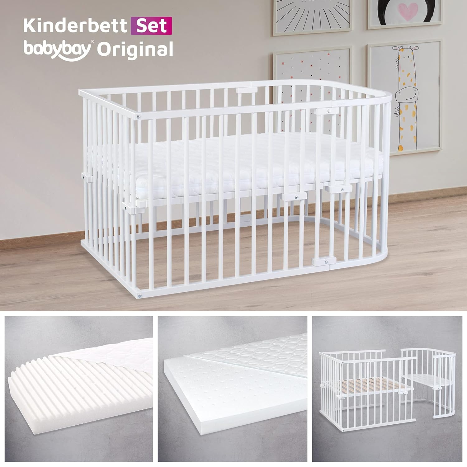 babybay Original Lettino da affiancare in massello di faggio / compatto e trasformabile / Lettino per bambini regolabile in altezza senza livelli preimpostati ed ecologico / Lettino evolutivo (laccato bianco) / inclusa Matratze