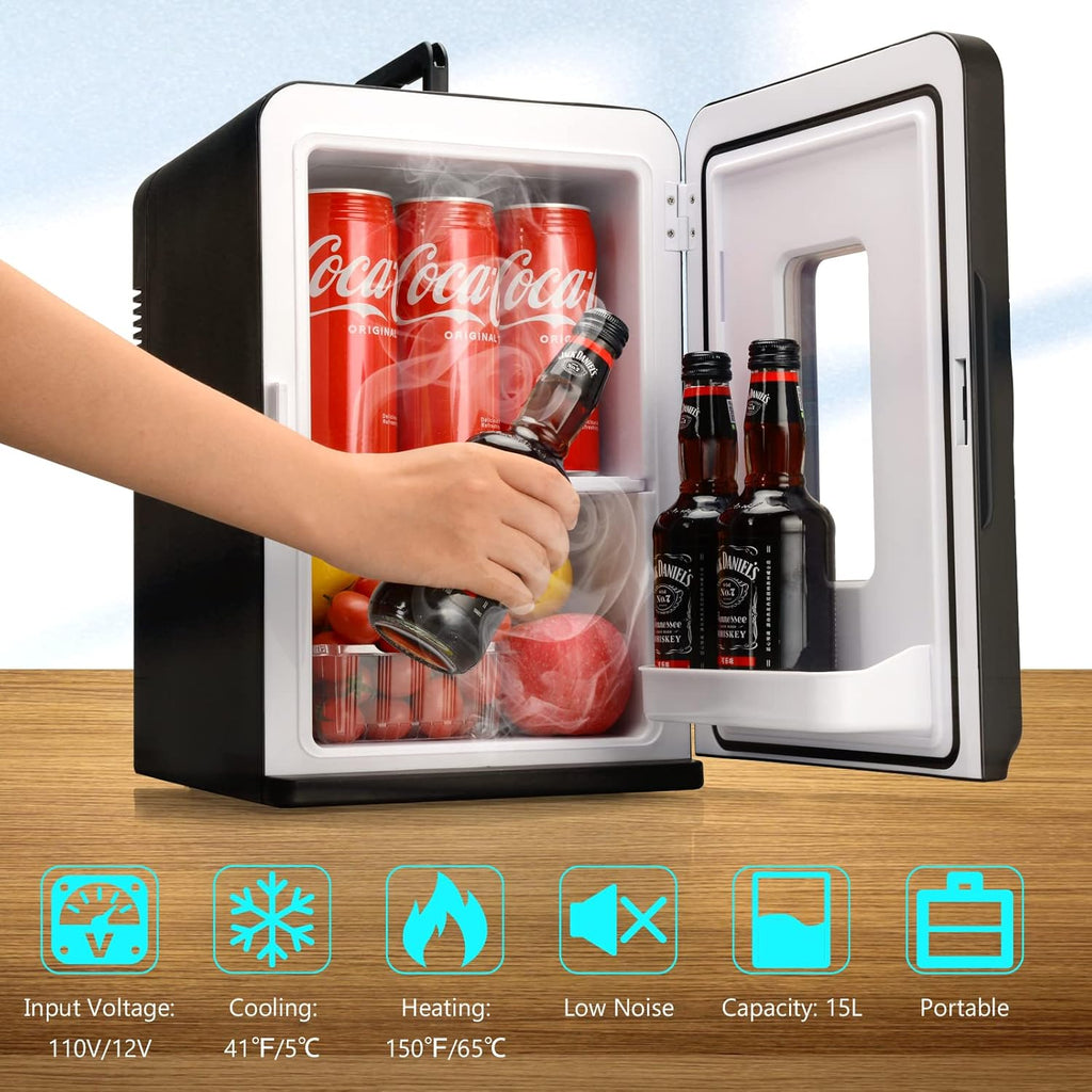 Vasip Mini Fridge 15 L, Portable with Cooling and Heating Function, Small Drinks Fridge for Home, Office, Camping and Car (AC/DC)