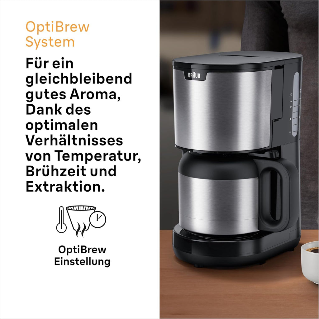 Braun PurShine KF1505 BK Filterkaffeemaschine, 1,2L Edelstahl-Thermokanne für bis zu 9 Tassen, OptiBrew-System, Tropf-Stopp-Funktion, schwenkbarer Filterkorb, Automatische Abschaltung, 1000W, Schwarz