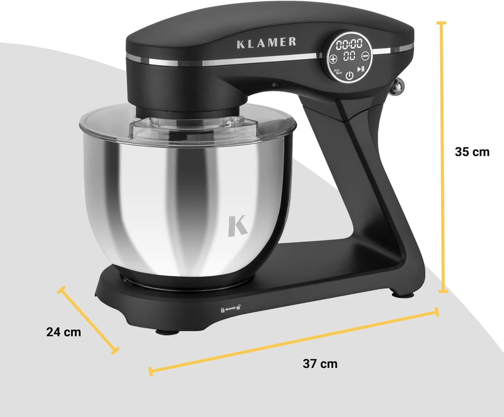 KLAMER Robot da Cucina 1800W, Impastatrice per Pane con Ciotola in Acciaio Inox da 6 L, 10 Velocità con Timer, Movimento Planetario, Frusta a Filo, Gancio Impastatore, Frusta a Palloncino e Coperchio Antischizzi (Nero)