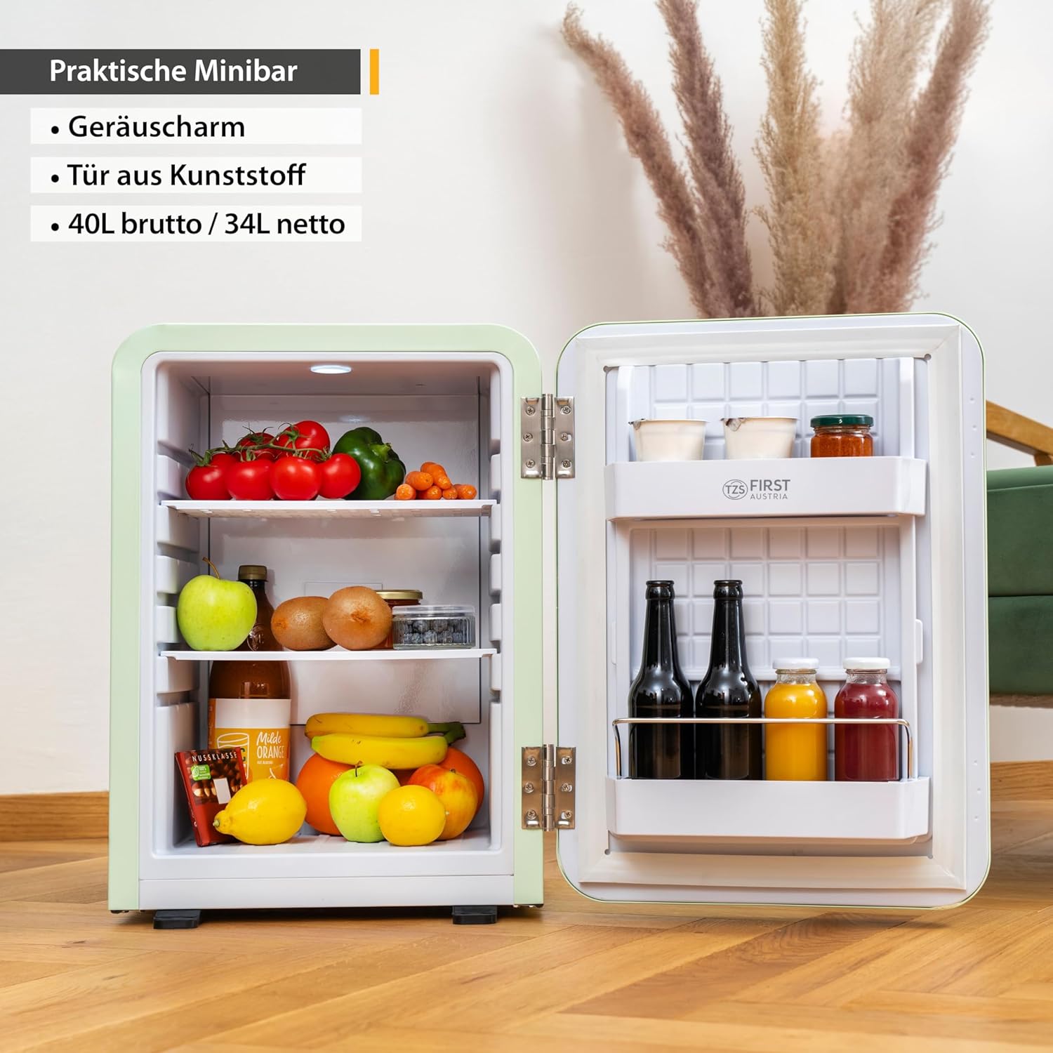 TZS First Austria lautloser Minikühlschrank | Retro Design | Einstellbare Kühlleistung | Türgriff |Thermoelektrisches Kühlsystem | 40L | creme