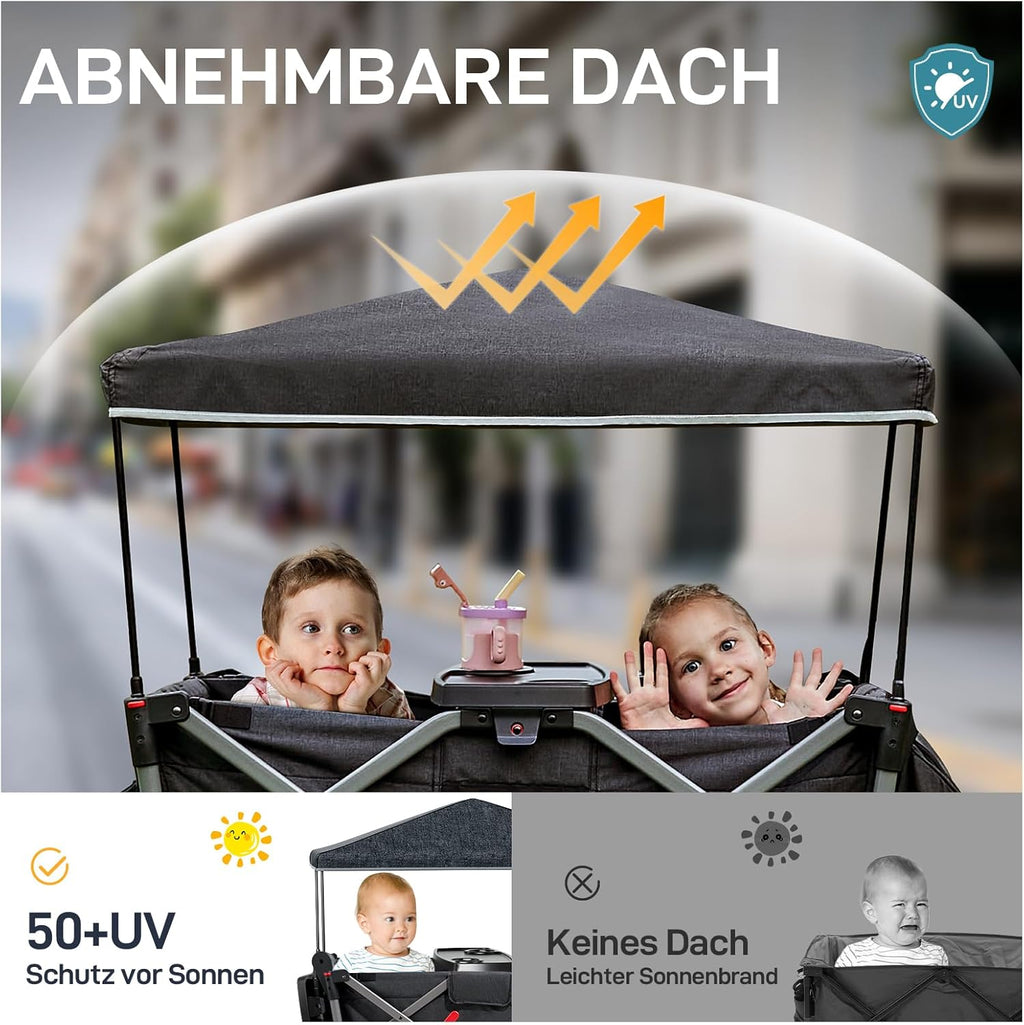 EVER ADVANCED Carretto per 2 bambini pieghevole con tetto, passeggino con cinture di sicurezza a 5 punti, zaino fasciatoio, carretto con sedile, carrello di trasporto, spinta e trazione, freno a pedale