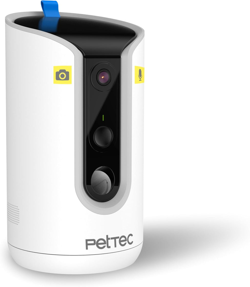 PetTec Videocamera per animali domestici a 360° e distributore automatico di cibo con espulsione di crocchette - tramite App e pulsante multifunzione - Rilevamento dei latrati - Funzione visione notturna 3MP - Telecamera per cani e gatti
