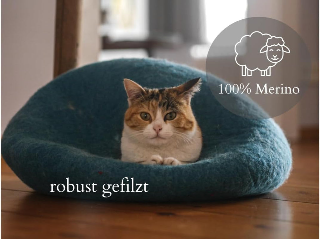 ecocasa Cuccia Casetta per Gatti Cuscino per Gatti XL – anche per Gatti Grandi – Esterno Robusto e Interno Morbidissimo – Fatto a Mano in Lana Neozelandese – Blu Oceano