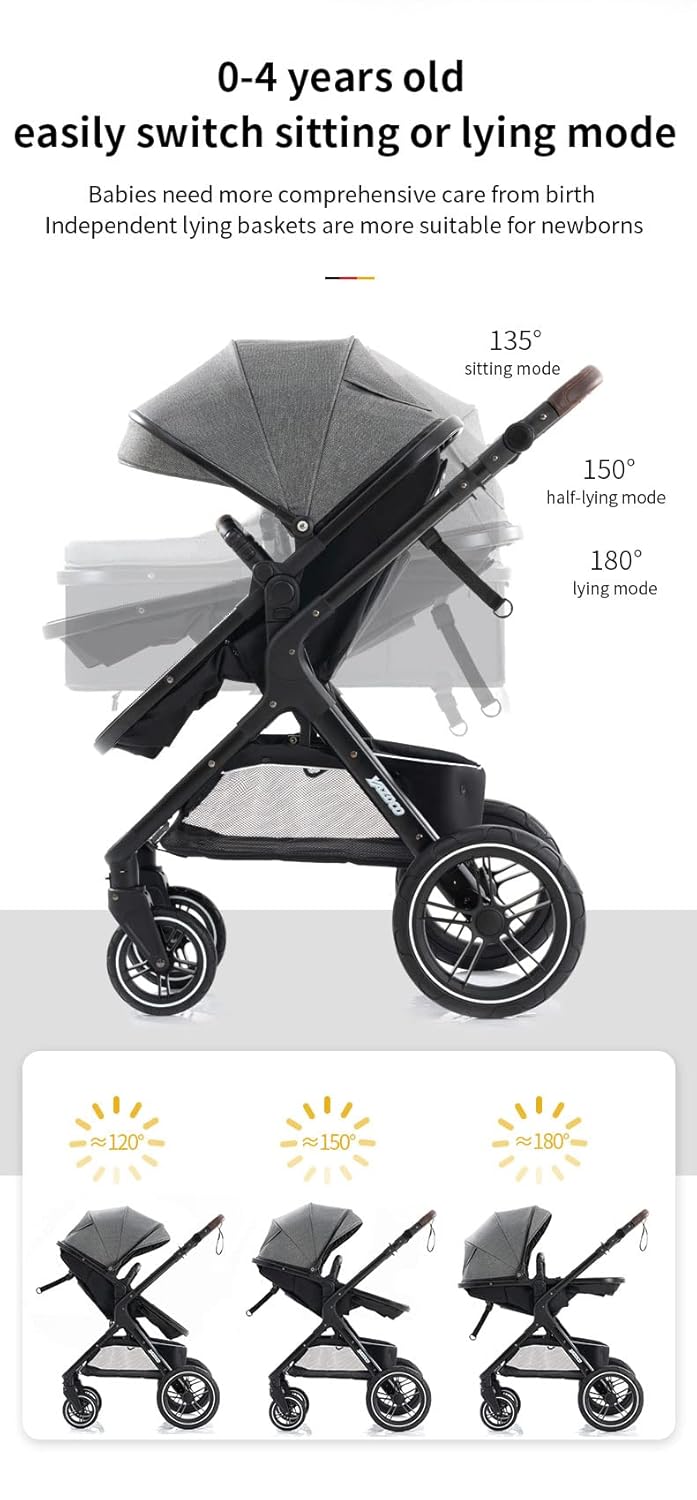 YAZOCO kinderwagen, kinderwagen 3 in 1 Kombikinderwagen reisesysteme mit Moskitonetz Regenschutz Fußsack, Zusammenklappen, Liegeposition
