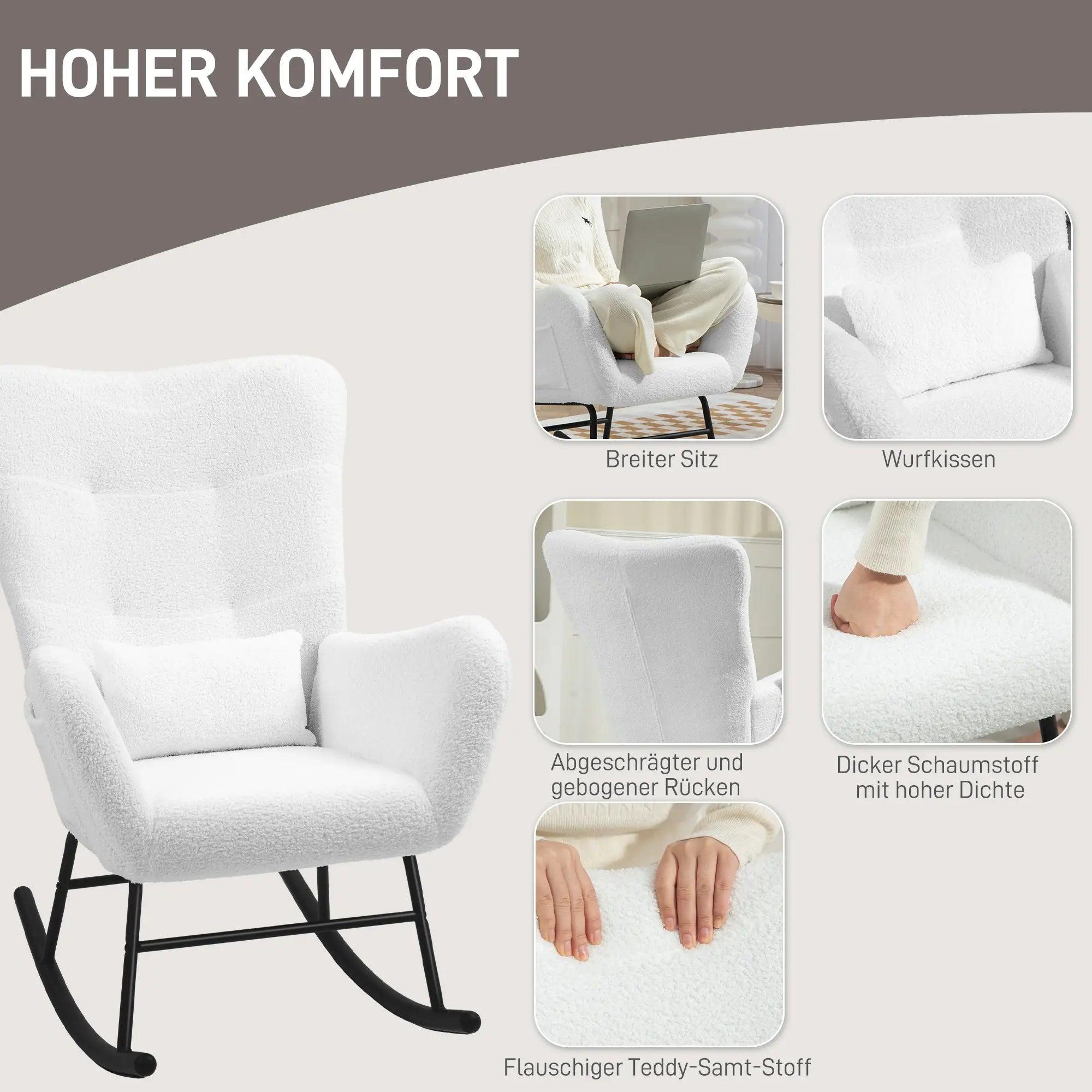 HOMCOM Schaukelstuhl Polsterstuhl Schwingfunktion Seitentasche Weiß