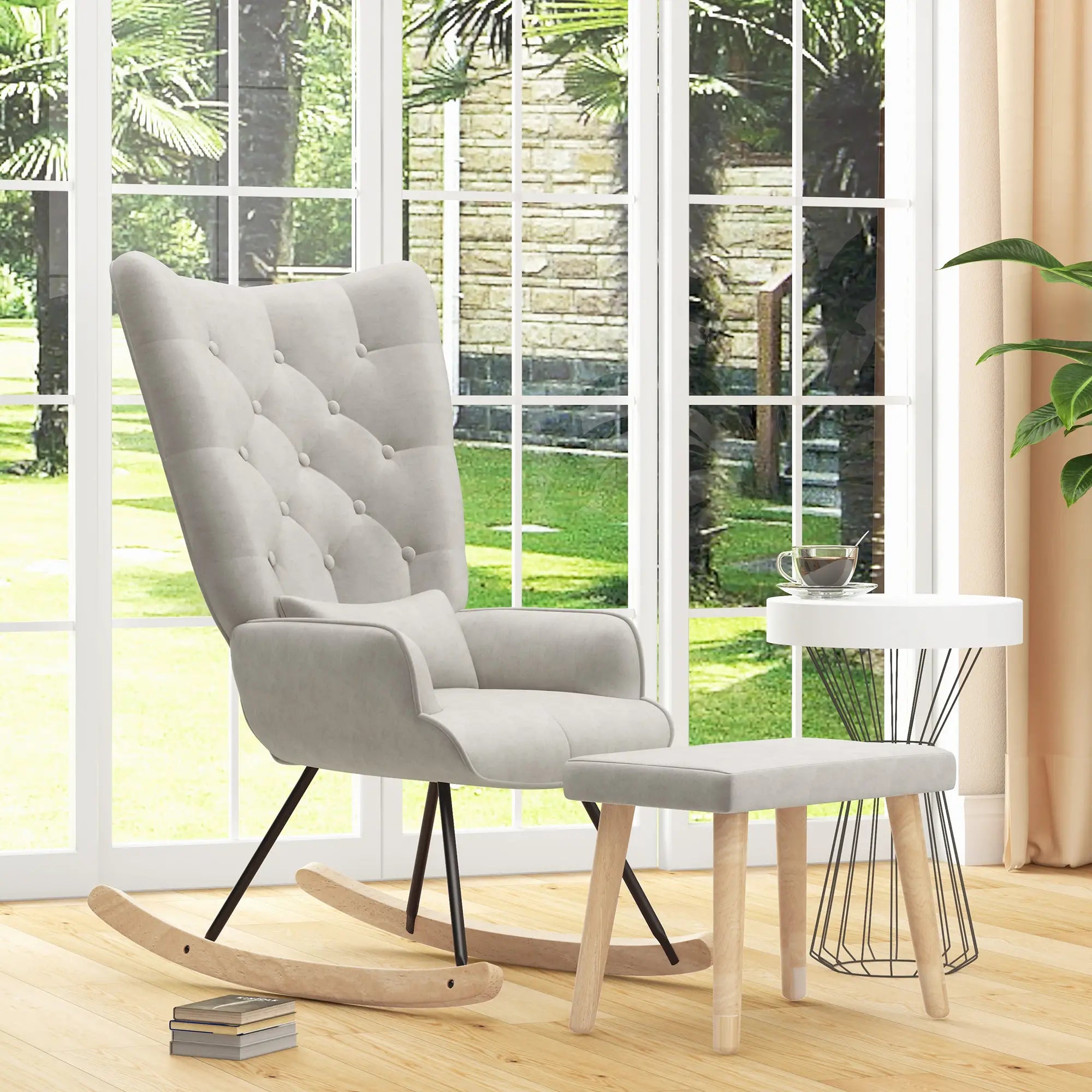 HOMCOM Relaxsessel mit Hocker Schaukelstuhl Set Samt Cremeweiß