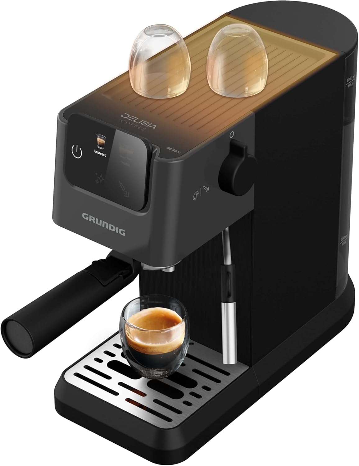 GRUNDIG KSM 5330 Macchina da caffè con portafiltro e contenitore per il latte integrato, 1628 W di potenza, 15 bar di pressione della pompa, ugello doppio, display touch a colori, BrewSense, CreamyPro, Inox scuro/Nero