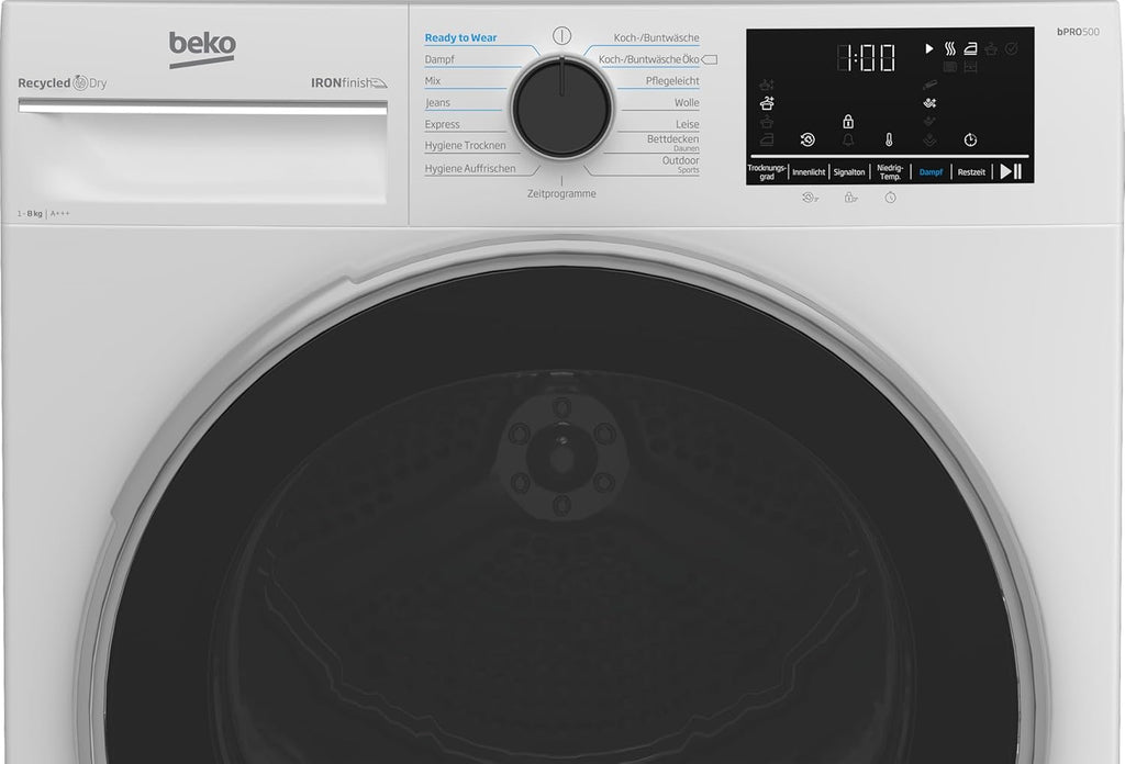 Beko B5T4824IF bPRO 500 Asciugatrice, 8 kg, Caricamento frontale, Pompa di calore, Adatta per chi soffre di allergie, 15 programmi, Funzione vapore, Antipiega, Programma silenzioso, Cesto AquaWave, Bianco
