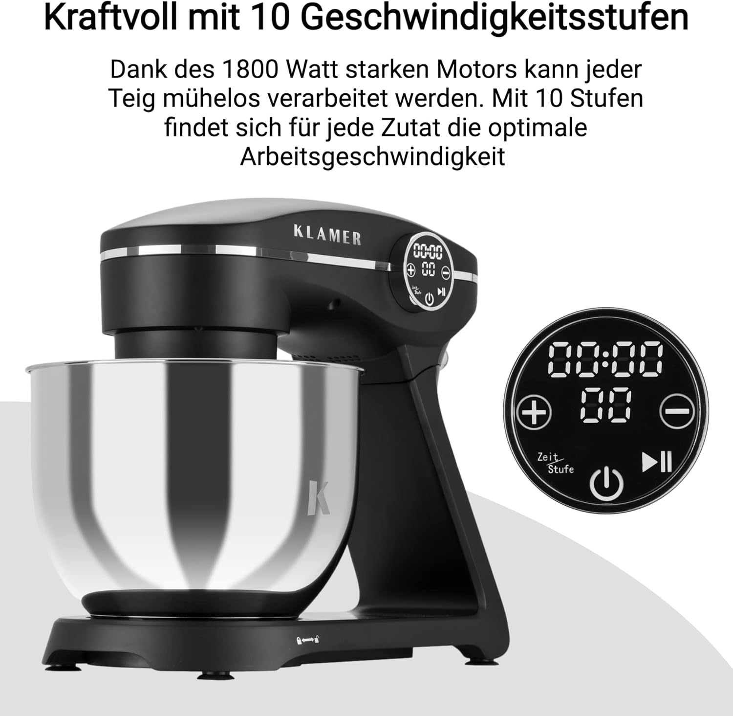 Impastatrice Planetaria KLAMER 1800W, con Ciotola in Acciaio Inossidabile da 6 Litri, 10 Velocità con Timer, Frusta a Filo, Gancio Impastatore, Frusta Piatta e Paraspruzzi