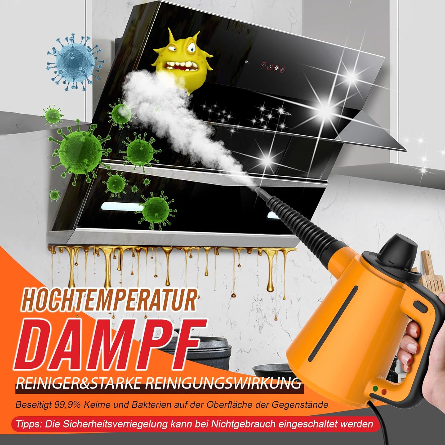 Pulitore a vapore con 10 accessori, 1050W Pulitore a vapore portatile per tutti i punti difficili da raggiungere come lavandini, WC, Pulitore a vapore multifunzionale per la casa e i pavimenti