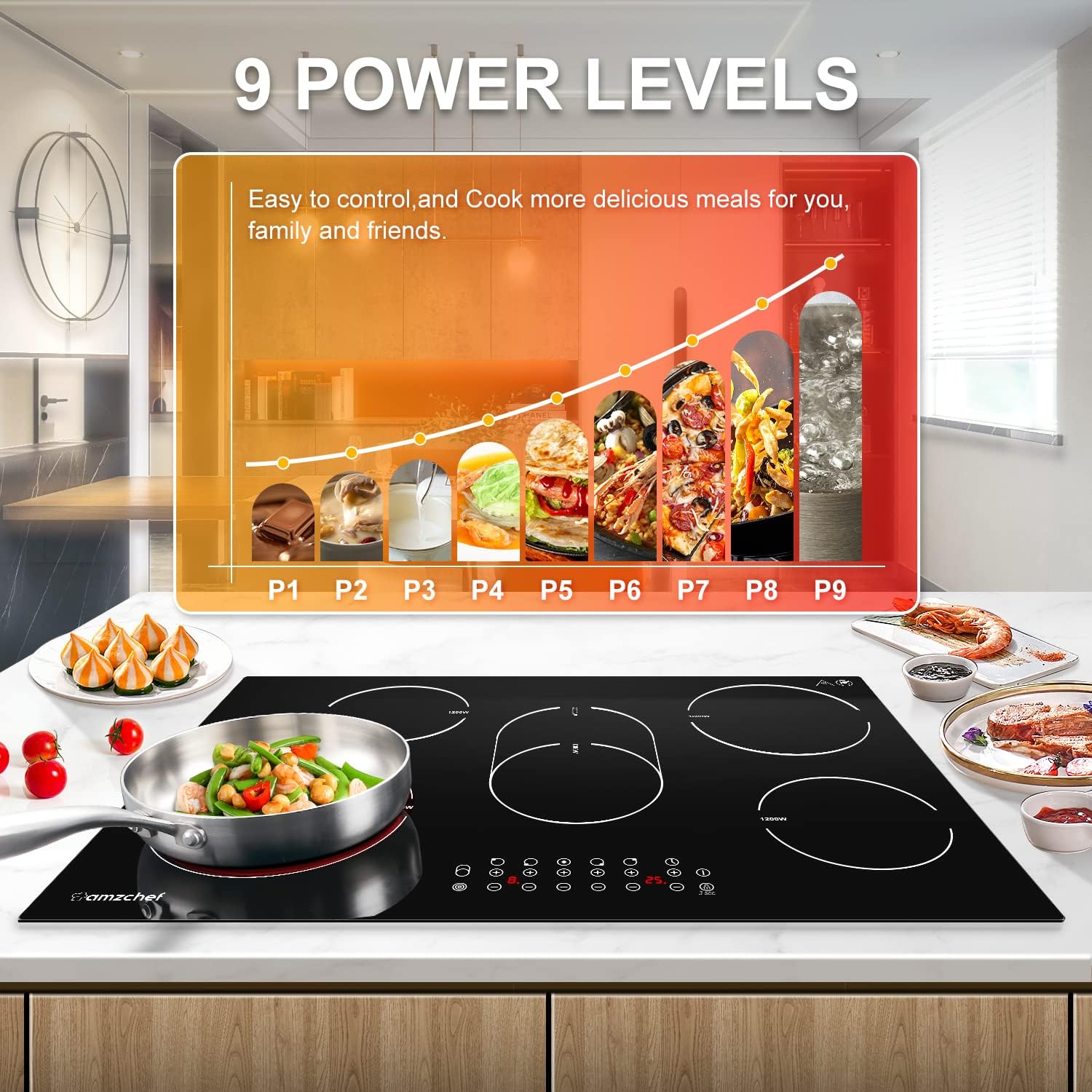 AMZCHEF Induktionskochfeld 60cm mit Zwei Flexzonen, 4 Zonen Induktionskochplatte mit Boost-Funktion und 9 Leistungsstufen, Touch-Bedienung, Timer, Sicherheitsschloss, Überhitzungsschutz, BBQ, 7200W