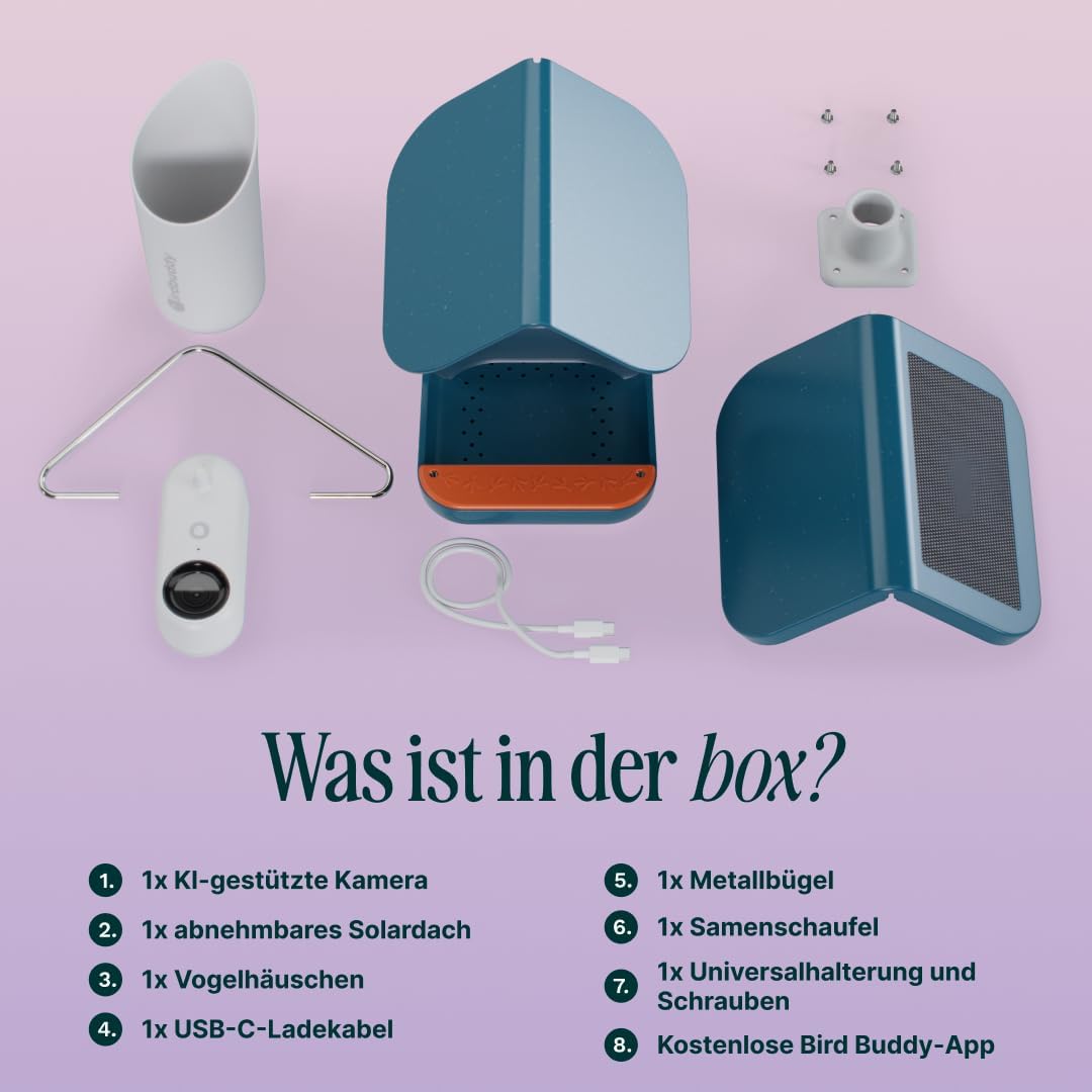 Bird Buddy Pro Solar Smart Vogelfutterstation mit Kamera – AI-Vogelarten-Identifikation, 5-MP-Fotos, 2K-Ultra-Video-Live-Stream-Kamera, Zeitlupenvideo, 6,6 cm Fokus – Blue Solar