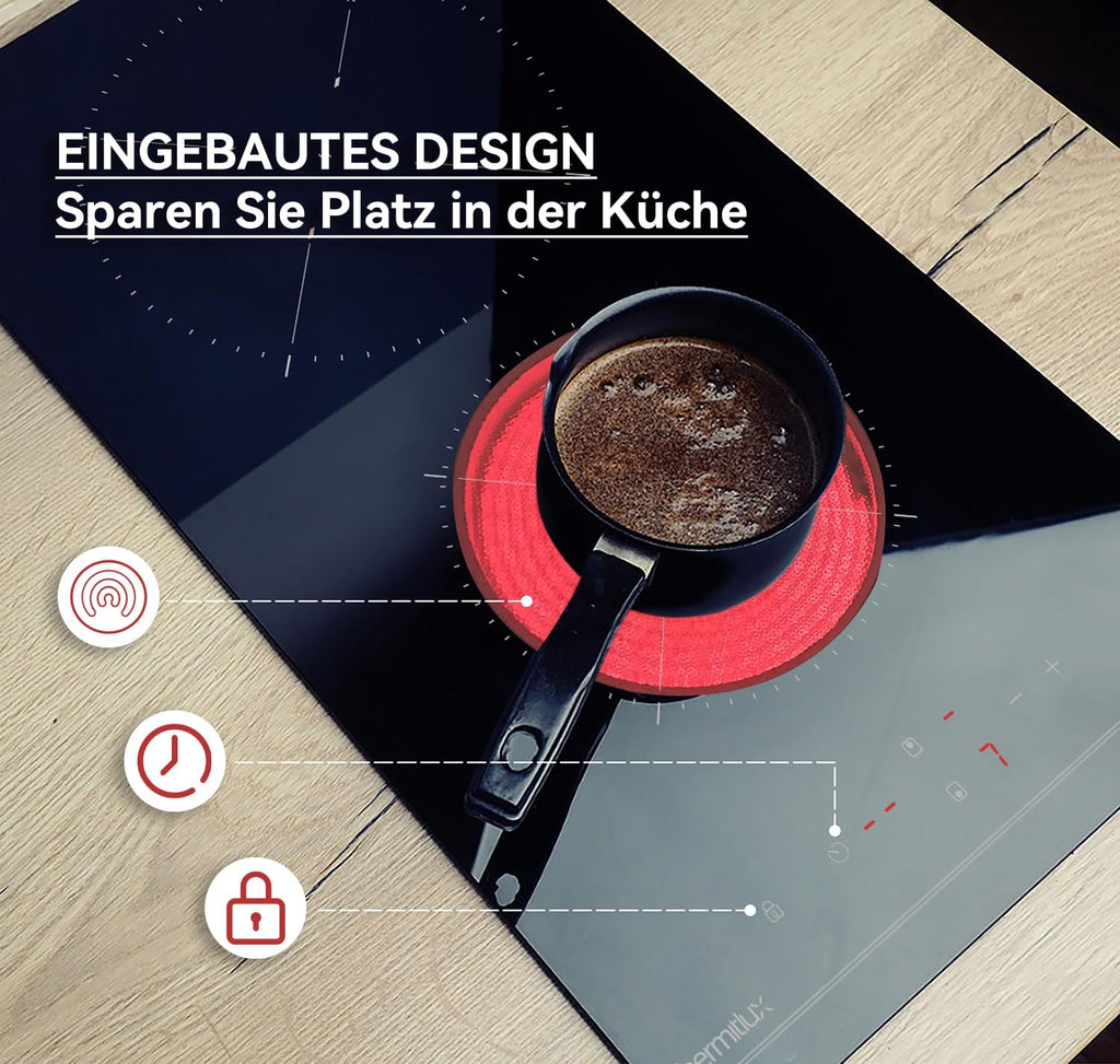 Hermitlux Domino Glaskeramikkochfeld,Eingebaut 29 cm schwarz Glaskeramik elektrisches Kochfeld,9 Leistungsstufen,Sensor-Touch-Steuerung, Kindersicherung, 1-99 Minuten-Timer,Geeignet für Alle Tpfe