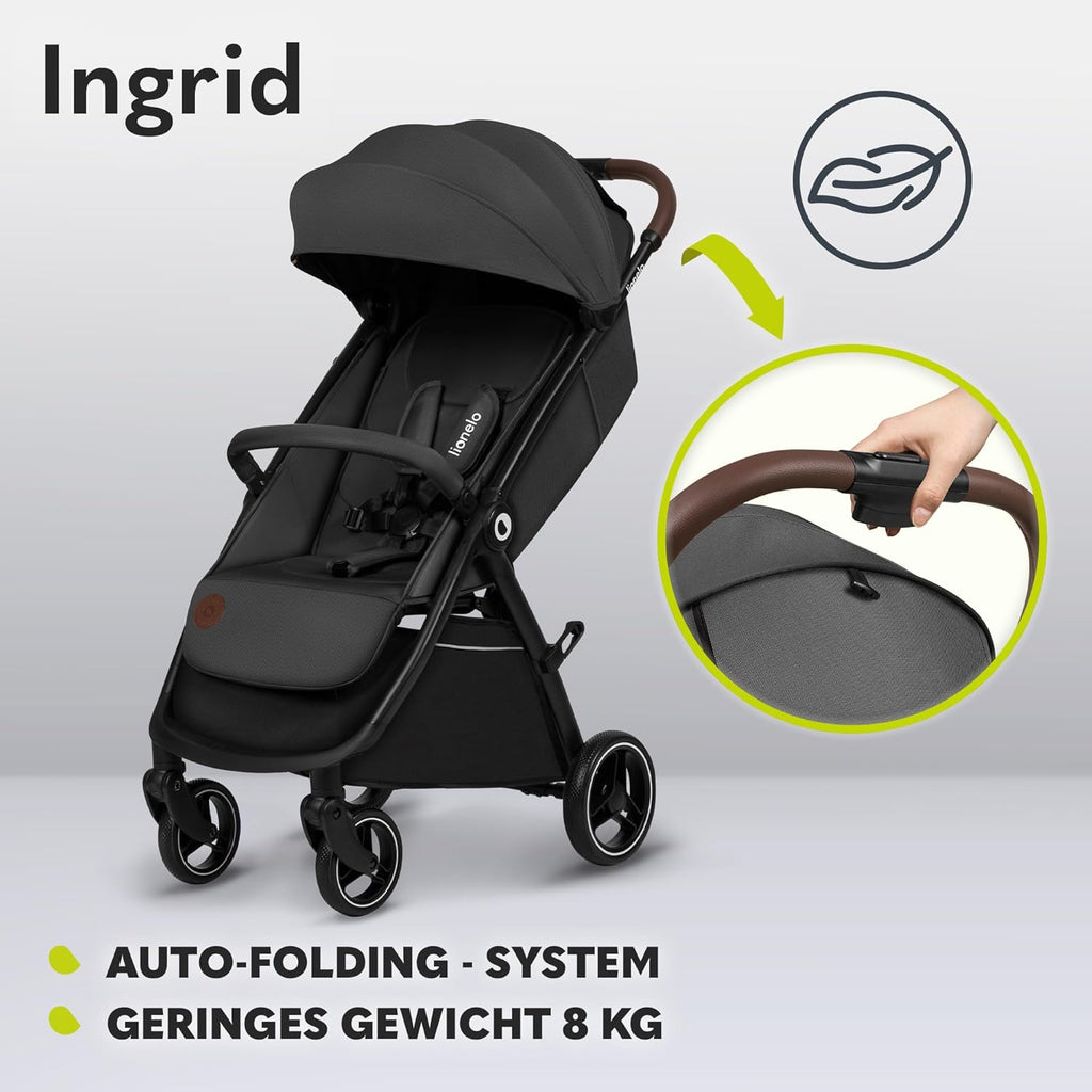 LIONELO INGRID Kinderwagen bis 22 kg von 6 Monaten bis 4 Jahren Große 360° schwenkbare Räder Volle Federung Einhändig zusammenklappbar Verstellbare Rückenlehne und Fußstütze Großes XXL-Verdeck