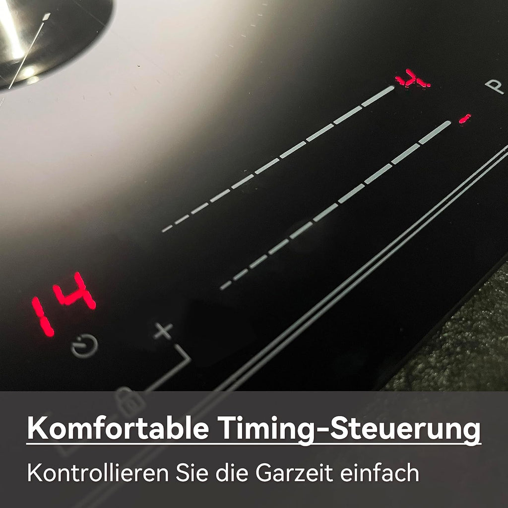 Induktionskochfeld 60cm, Eingebautes Schwarzes elektrisches Kochfeld, mit 4 Kochzonen, 9 Leistungsstufen, Geeignet für Eisen- und Edelstahltpf