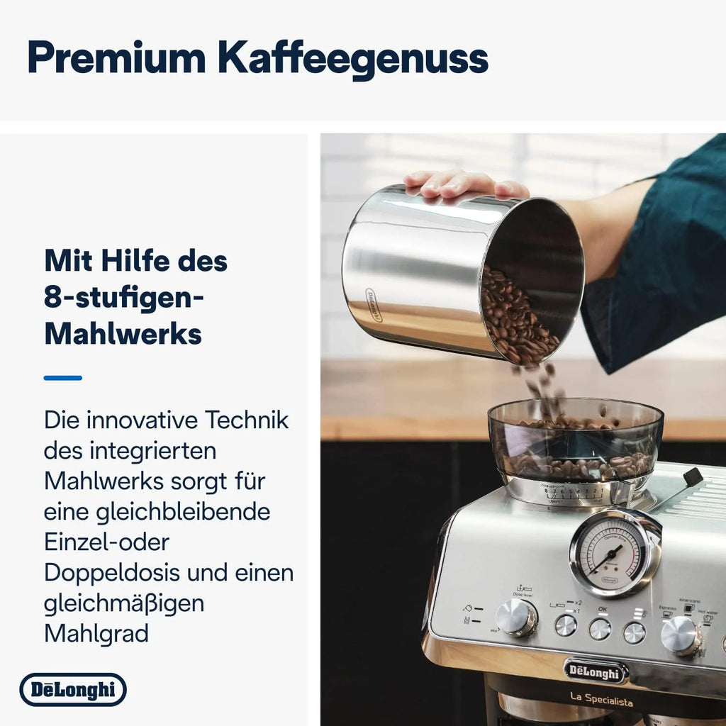 De'Longhi La Specialista Arte EC9155.MB Macchina da caffè espresso con macinacaffè, 8 impostazioni di macinatura, 15 bar, 3 temperature, lancia vapore, 1300 W, serbatoio da 1,5 l, acciaio inossidabile/nero con Barista-Kit