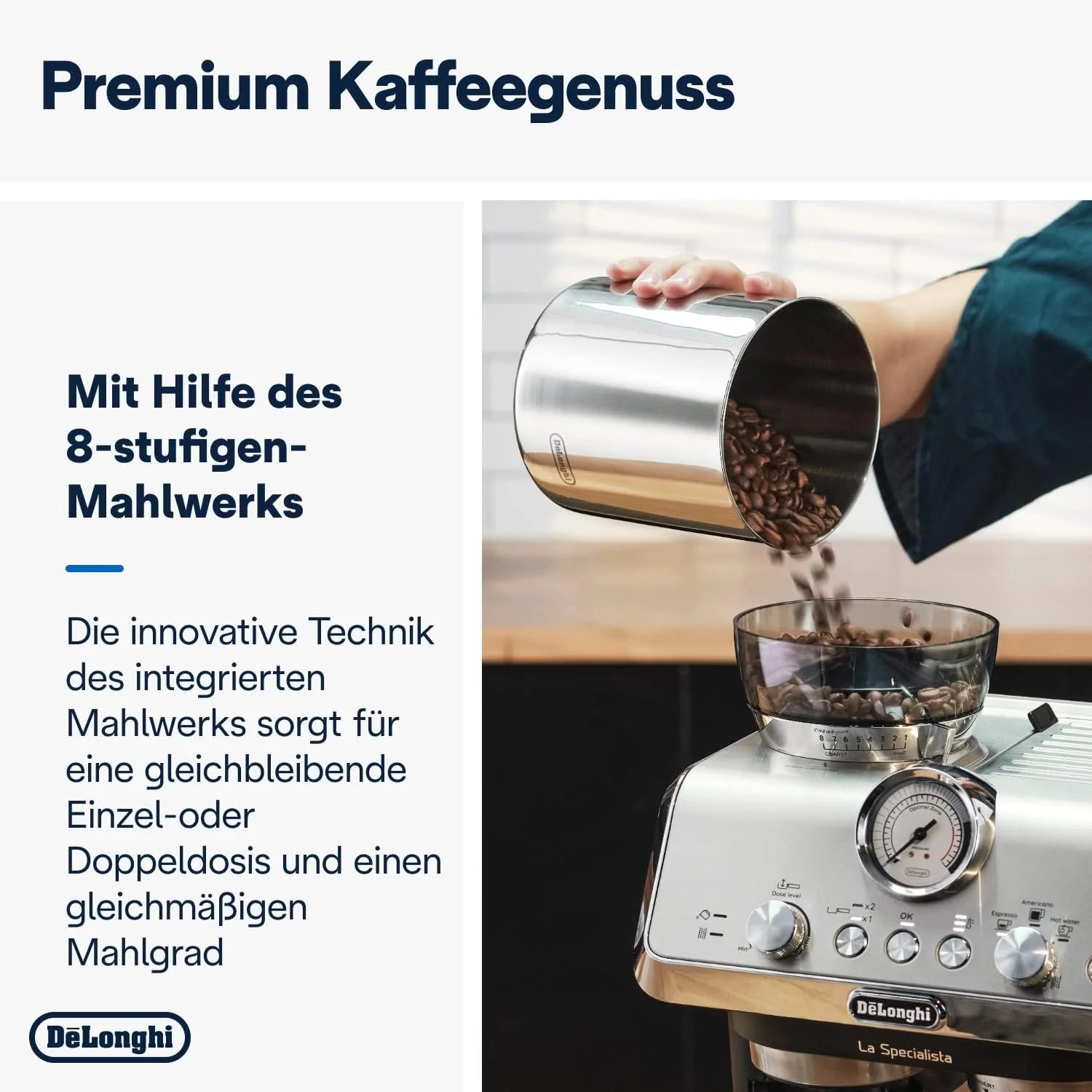 De'Longhi La Specialista Arte EC9155.MB Macchina da caffè espresso con macinacaffè, 8 impostazioni di macinatura, 15 bar, 3 temperature, lancia vapore, 1300 W, serbatoio da 1,5 l, acciaio inossidabile/nero con Barista-Kit