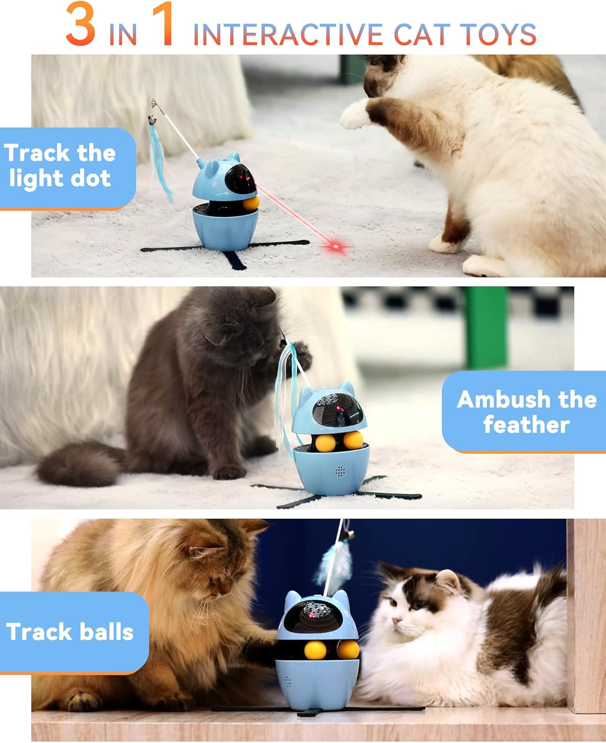 PETTOM Katzenspielzeug Selbstbeschftigung, 3-in-1 Katzenspielzeug Elektrisch Automatisch, Interaktives Spielzeug für Katzen USB Aufladbar