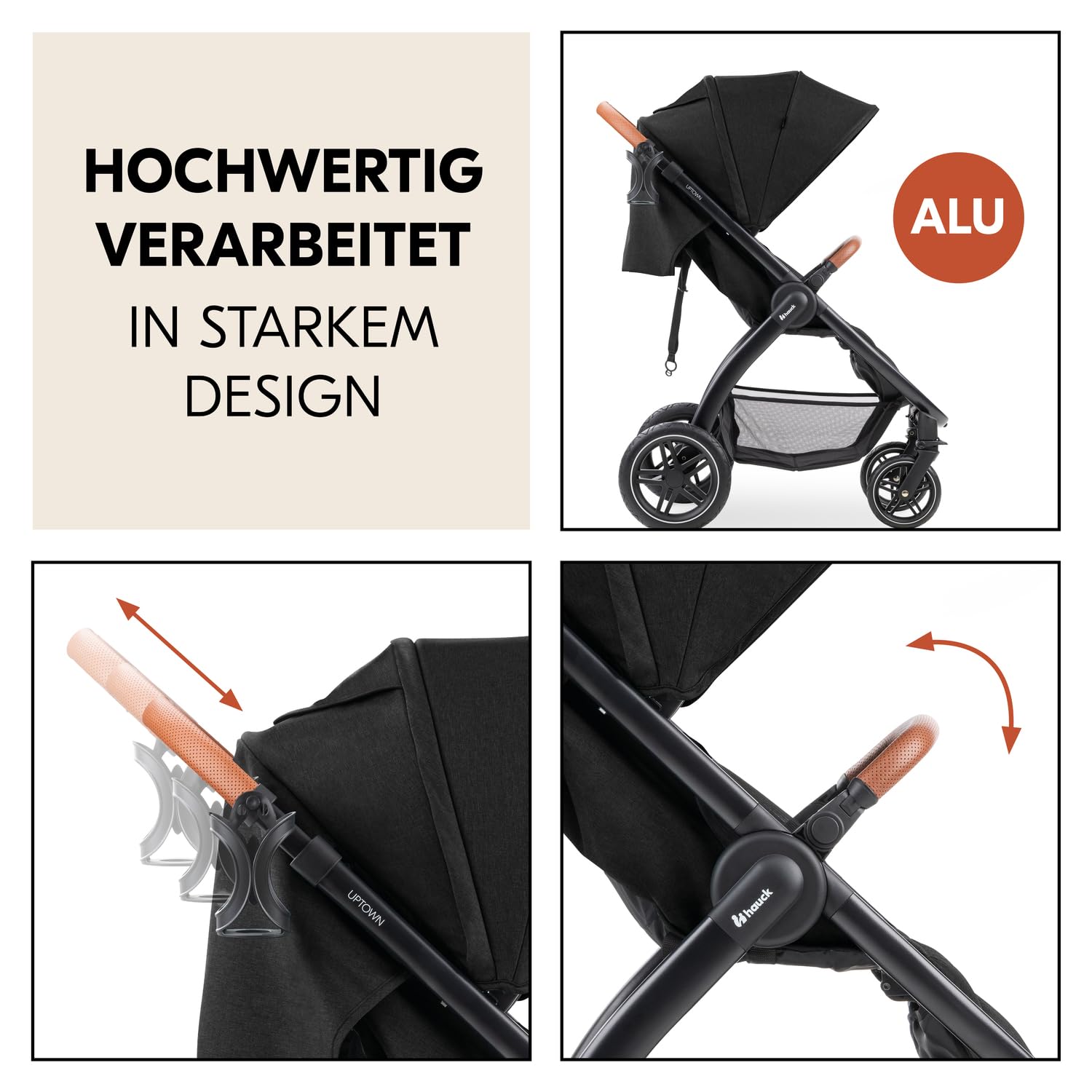 Hauck Uptown Passeggino Melange Rose – Passeggino per ogni terreno, seduta extra large, posizione nanna, ruote in gomma, sospensioni, compatto e facile da piegare, con parapioggia