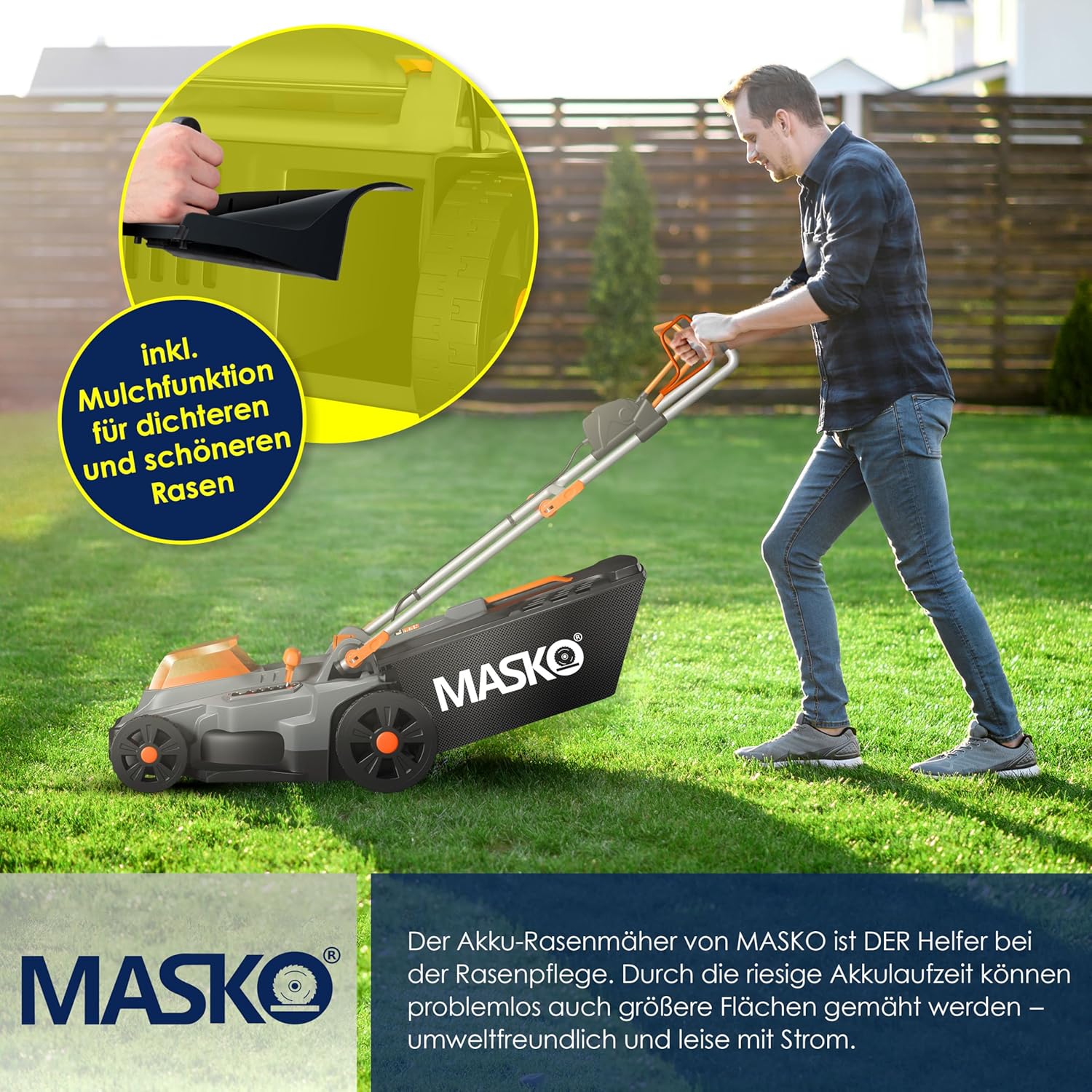 MASKO® Rasenmäher mit Mulchfunktion inkl. Zubehör, Akku Li-Ion Batterie 4Ah und Ladegerät – Rasentrimmer Schnittbreite 33cm 5 fache 25-75mm Schnitthöhenverstellung Fangkorb 30 Liter bis 150m² Flächen