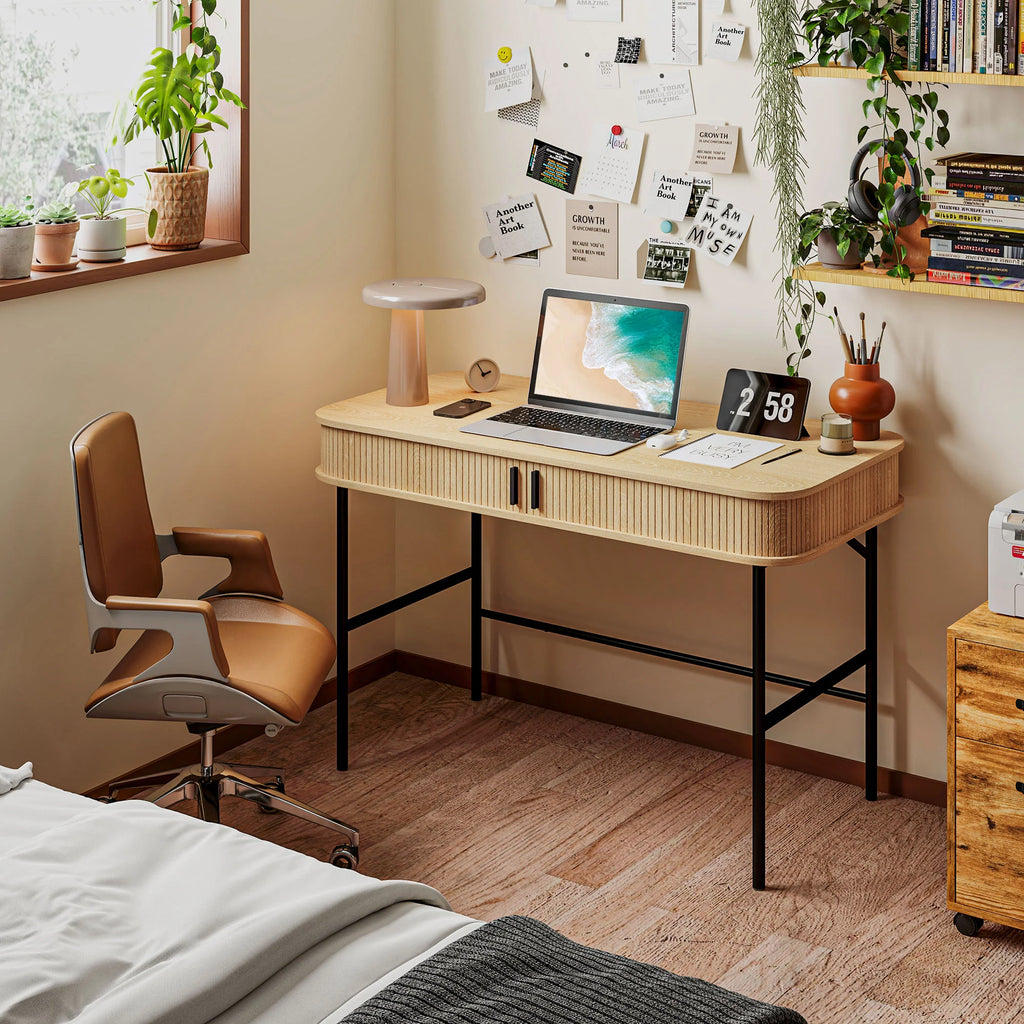 HOMCOM Scrivania con Vano Contenitore Decorazione a Lamelle Rovere