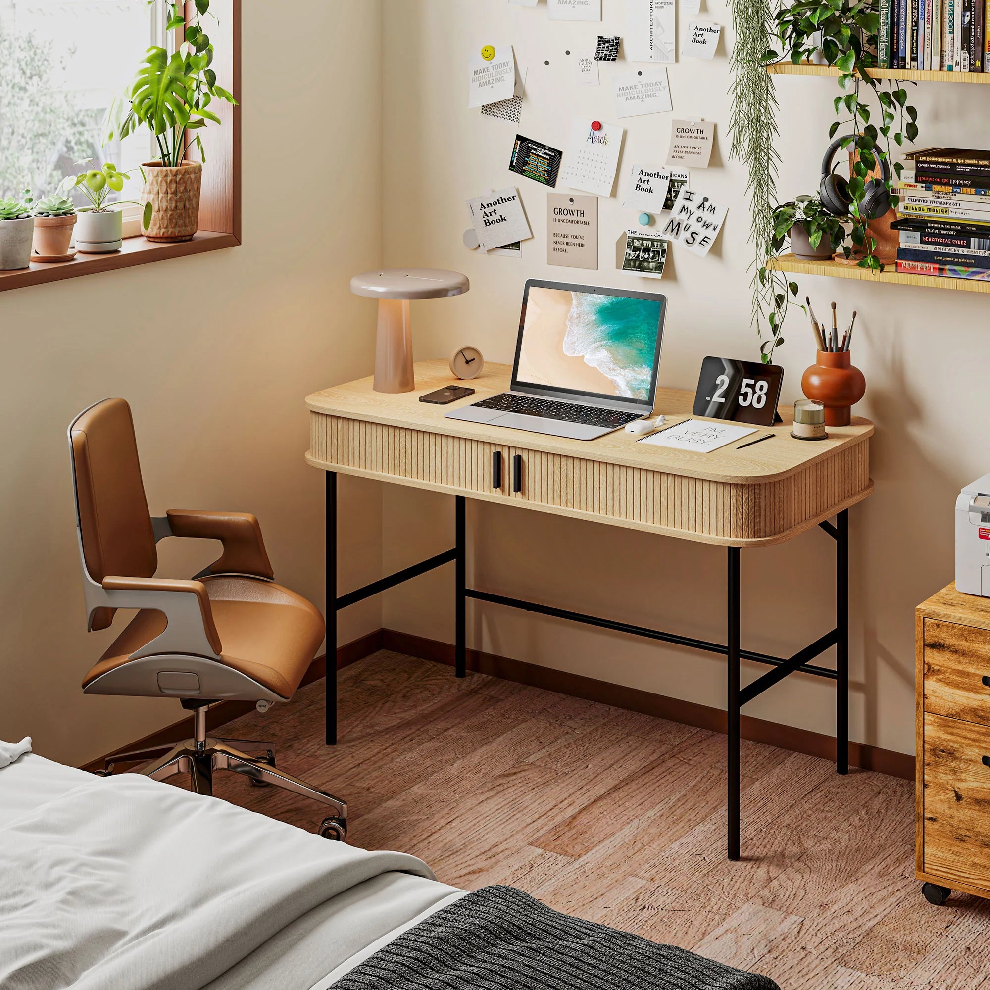 HOMCOM Scrivania con Vano Contenitore Decorazione a Lamelle Rovere