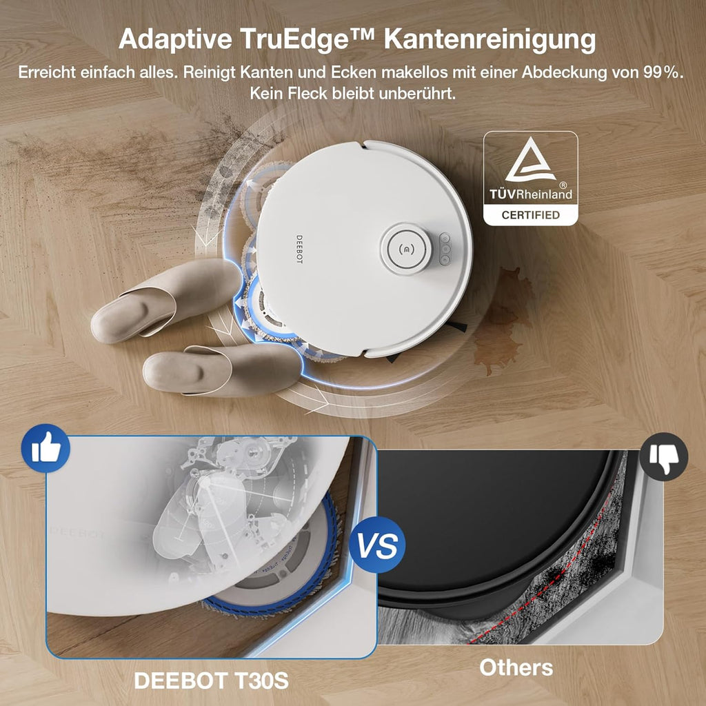 ECOVACS DEEBOT T30S Combo Robot aspirapolvere con funzione di lavaggio e aspirapolvere portatile a batteria, stazione di pulizia tutto in uno, 11000Pa, tecnologia ZeroTangle, pulizia dei bordi TruEdge, lavaggio del mop con acqua calda