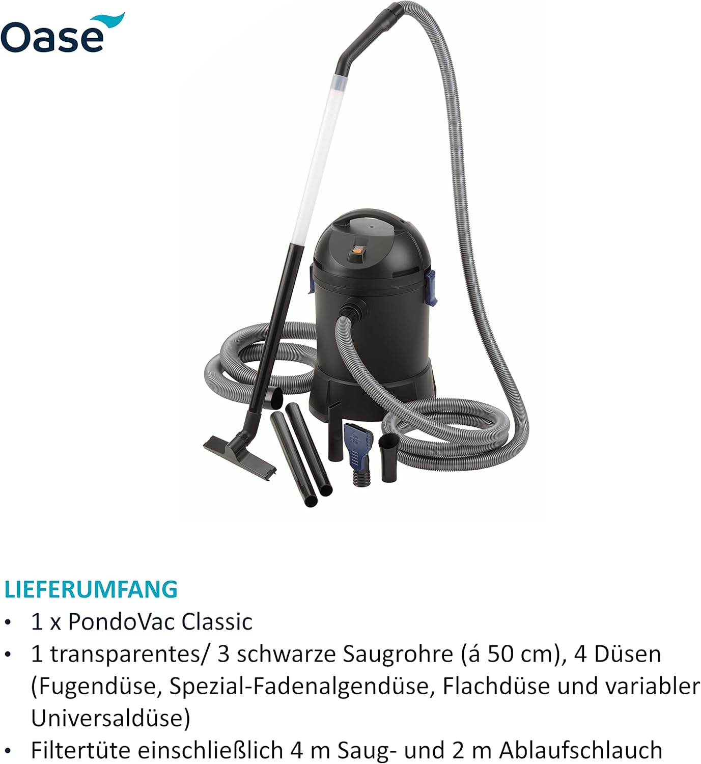Oase 50529 PondoVac Classic, 1400 W, 3000 l/h - Aspirafango per laghetto, pulizia e trattamento dell'acqua, incluse 4 bocchette di aspirazione per tutti i tipi di laghetto e per uso domestico