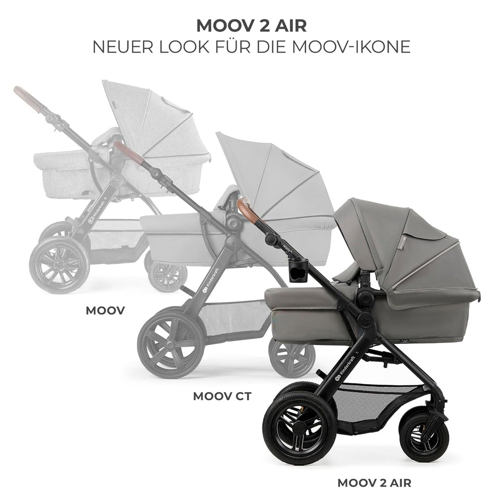 Kinderkraft MOOV2 AIR Passeggino 3 in 1, Set da 26 kg con seggiolino auto I-SIZE 40-75 cm, funzione passeggino, schienale reclinabile, ampia cappottina estensibile, ruote gonfiabili, grigio