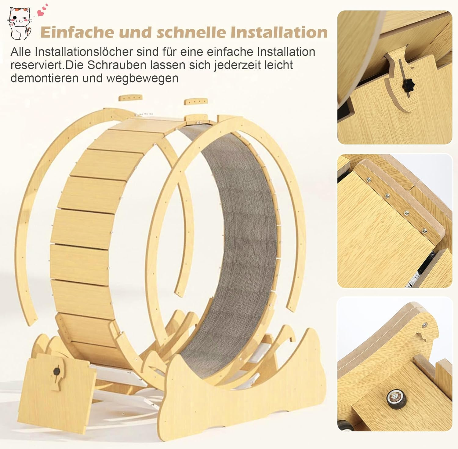 Katzenlaufrad, Laufrad für Katzen, 100cm Innendurchmesser Laufrad Katze, Super Leises Haustier Katze Laufrad Spielzeug, Holzlaufrad Laufrad Wheel Innen für Kleines Mittel Großes Katze (Holzfarbe, XL)