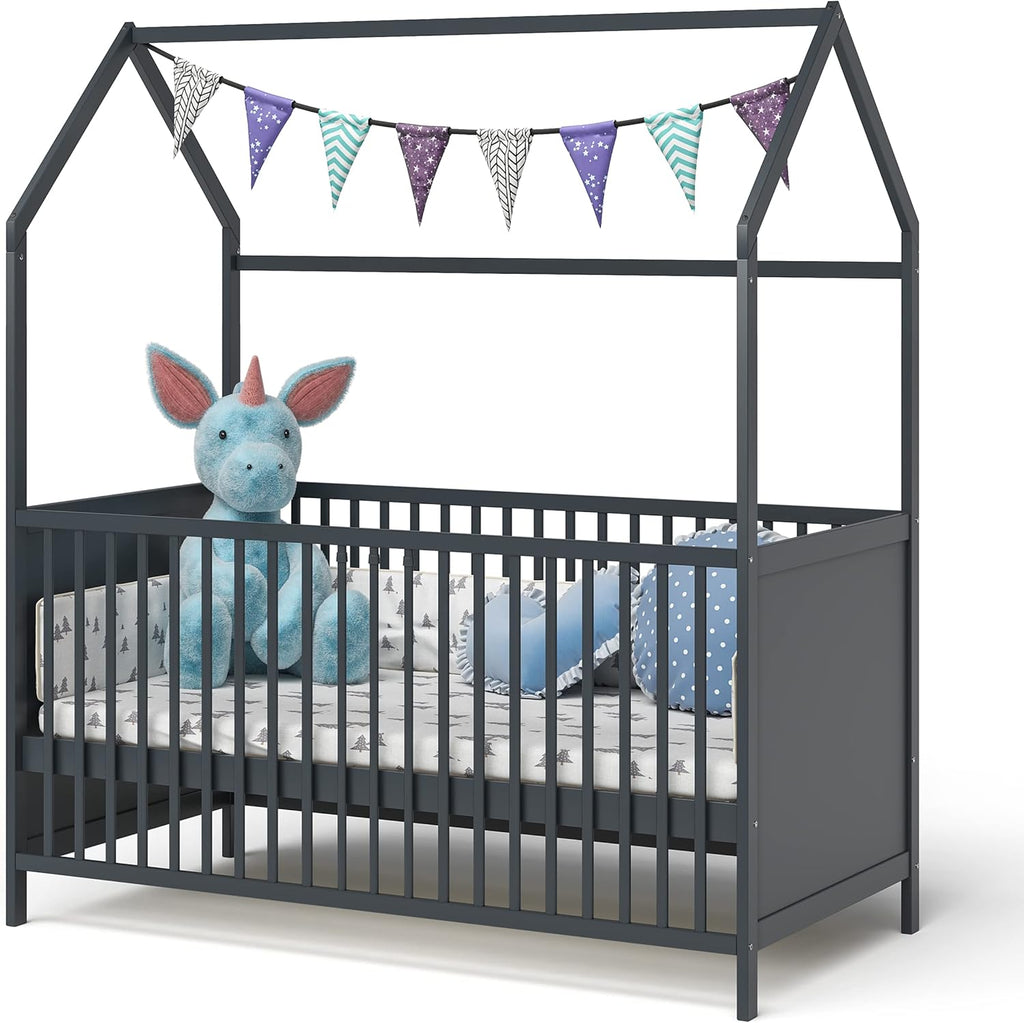 Bellabino Nika Lettino a capanna 70 x 140 cm, letto con sbarre e lettino a capanna per bambini e neonati in pino massiccio bianco, regolabile in altezza su 3 posizioni, incl. rete a doghe